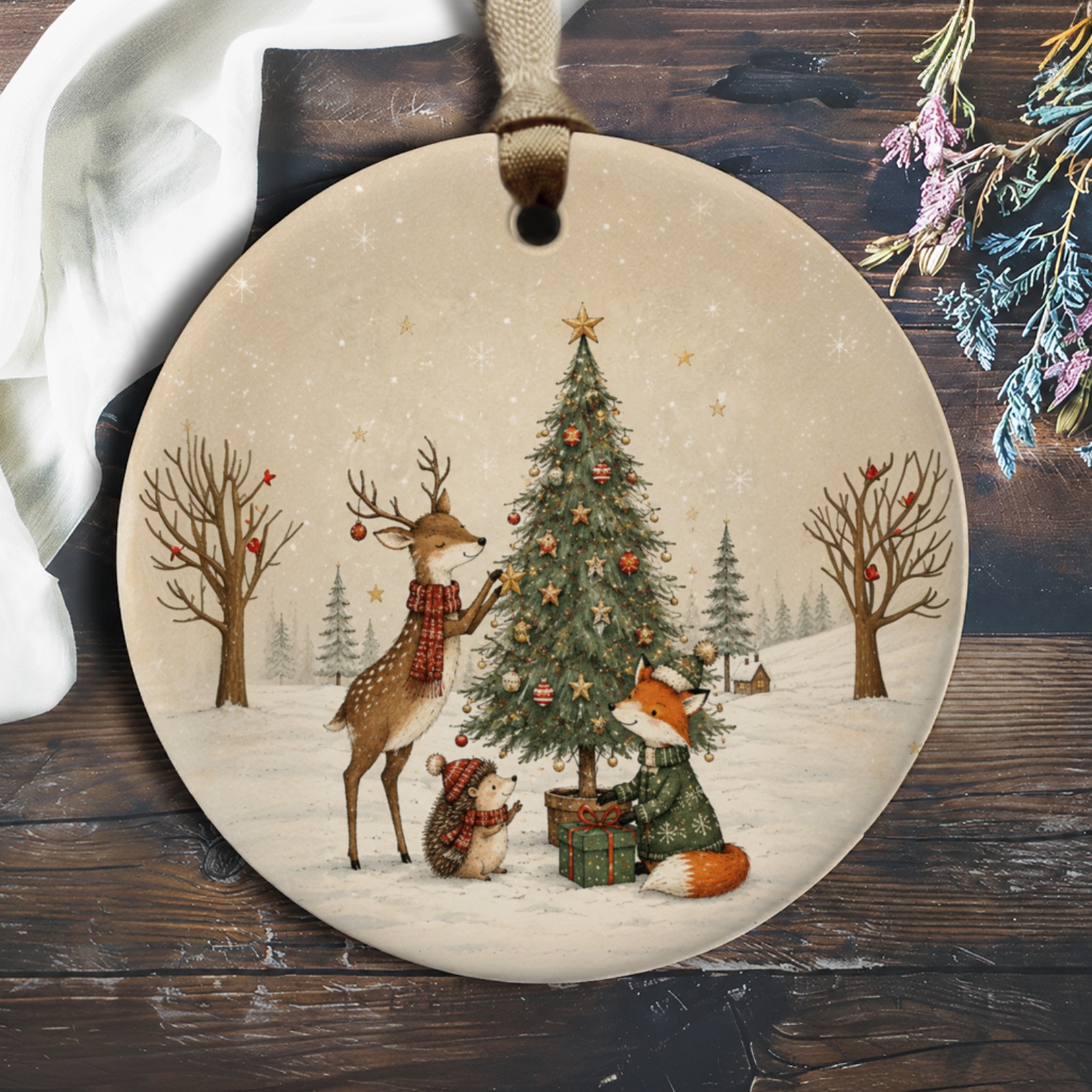 Woodland Animals Christmas Ornament Cute Deer Fox Hedgehog Holiday Decor Winter Scene Tree Decoration Gift O286