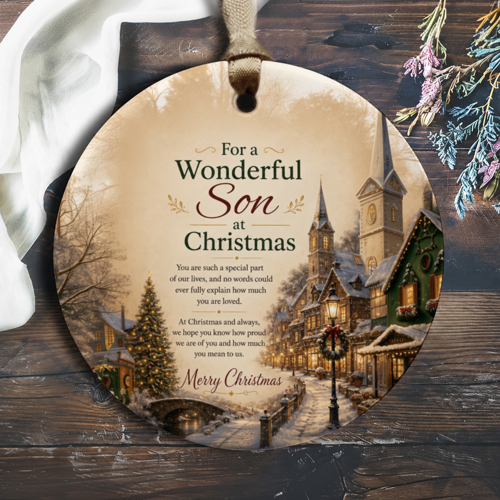 For A Wonderful Son At Christmas Ornament Holiday Decor Festive Village Scene Christmas Gift For Son Keepsake O288