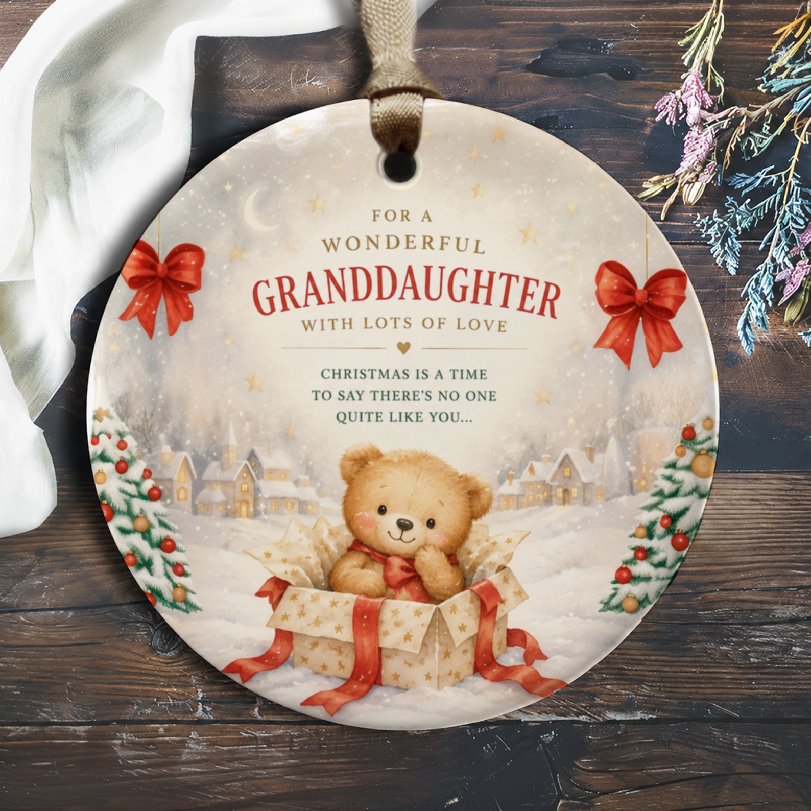 For A Wonderful Granddaughter With Lots Of Love Christmas Ornament Cute Bear Gift Box Holiday Decor Granddaughter Keepsake O297