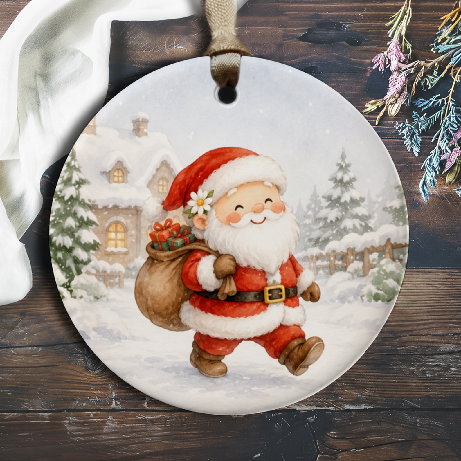 Santa Claus Christmas Ornament Cute Holiday Decor Festive Santa With Gifts Winter Scene For Tree Decoration O306
