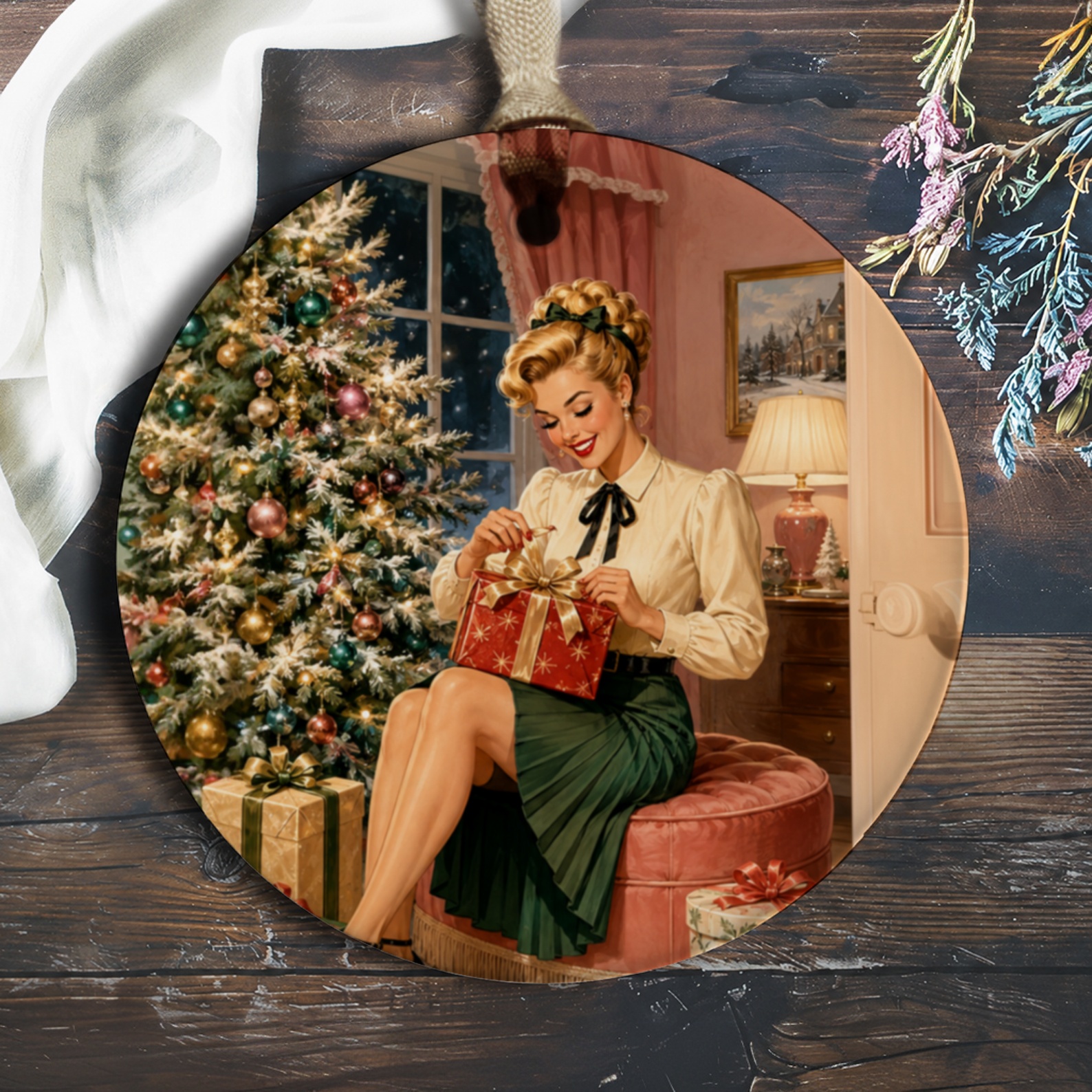 Vintage Christmas Ornament Retro Holiday Decor Woman With Gift And Tree Festive Home Decoration Classic Style O313
