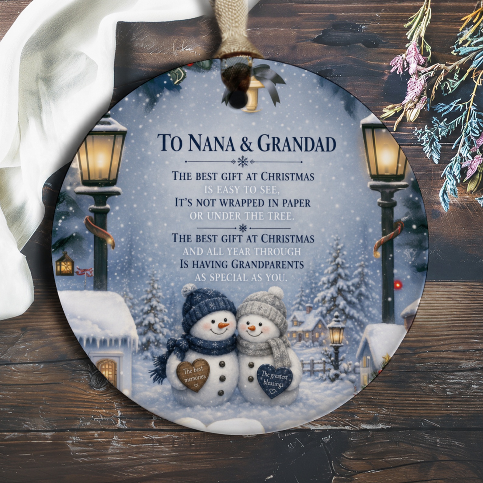 To Nana & Grandad Christmas Ornament Snowman Couple Holiday Decoration Grandparents Gift Winter Scene Keepsake O301