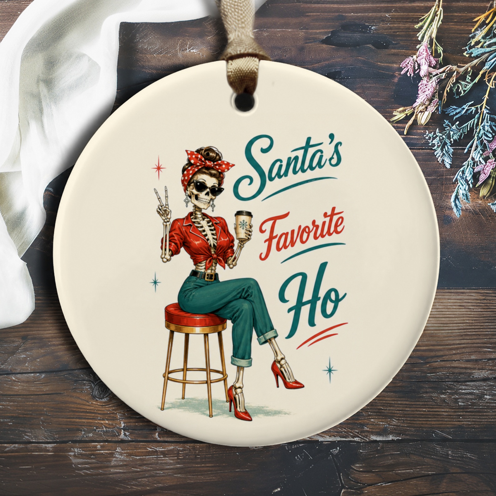 Santa's Favorite Ho Christmas Ornament Funny Skeleton Retro Style Holiday Decor Unique Gift Idea O305