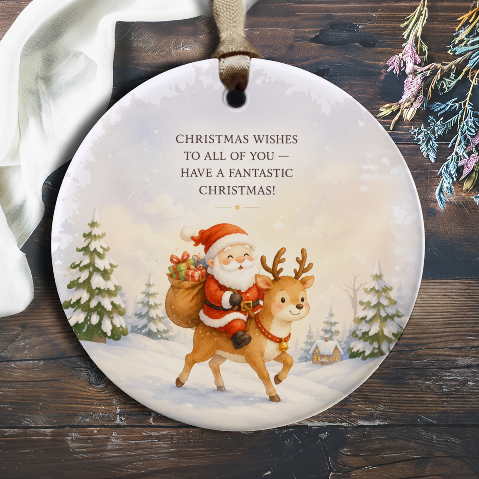 Christmas Wishes To All Of You — Have A Fantastic Christmas! Santa And Reindeer Ornament Holiday Decor Festive Christmas Tree Deco O309