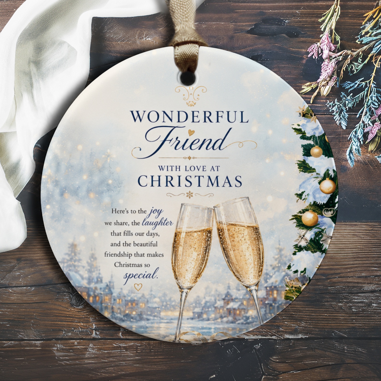 Wonderful Friend With Love At Christmas Ornament Holiday Decor Champagne Glasses Christmas Tree Gift For Friend 125 O310