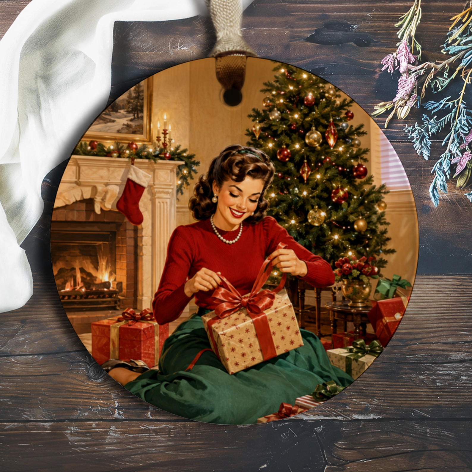 Vintage Christmas Ornament Retro Holiday Decor Woman With Gifts Festive Tree Fireplace Scene Classic Christmas Decoration O312