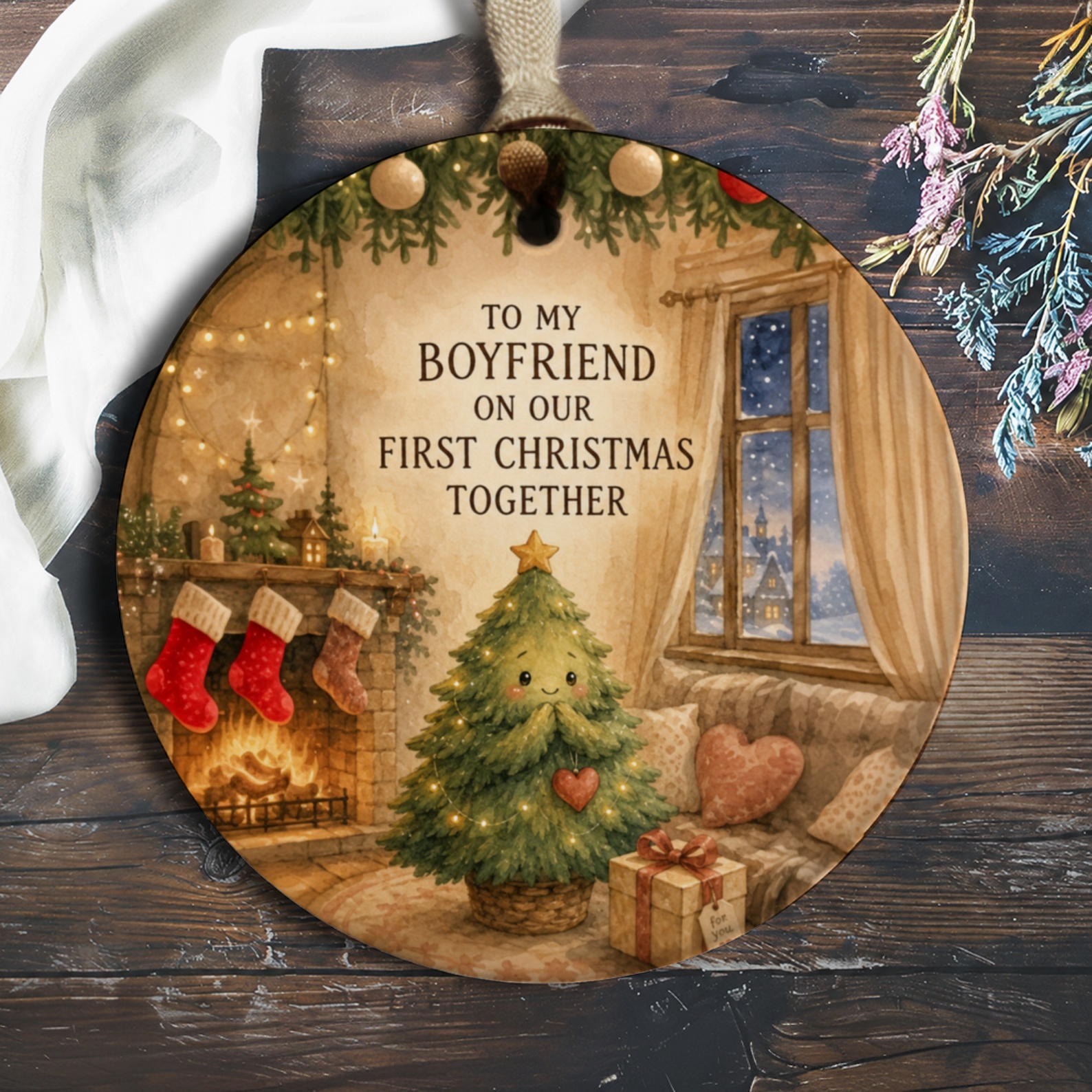 To My Boyfriend On Our First Christmas Together Ornament Cozy Holiday Decor Gift For Him Cute Christmas Tree Fireplace Scene O317