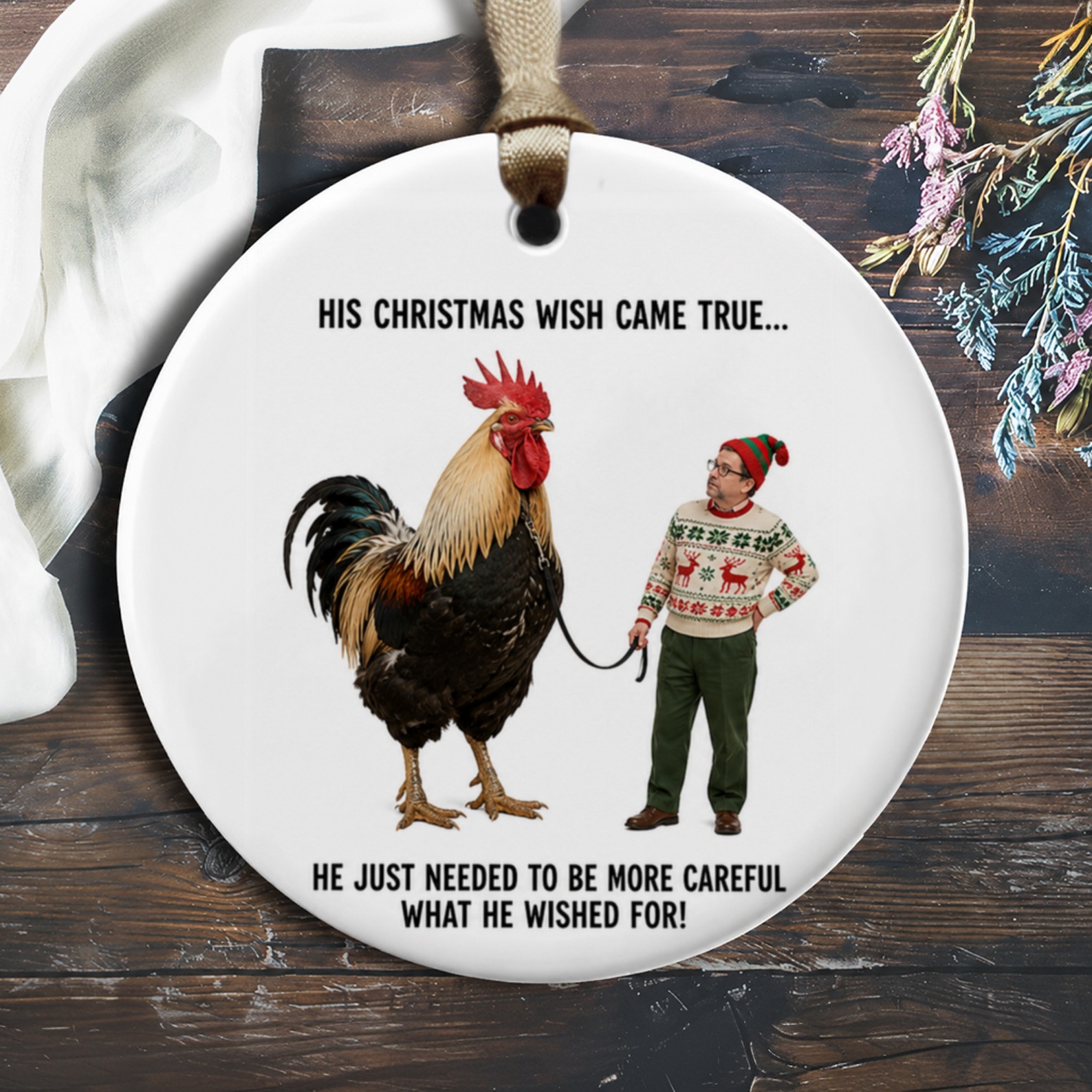 His Christmas Wish Came True Funny Christmas Ornament Giant Rooster Holiday Decor Gift For Him Xmas Tree Decoration O319