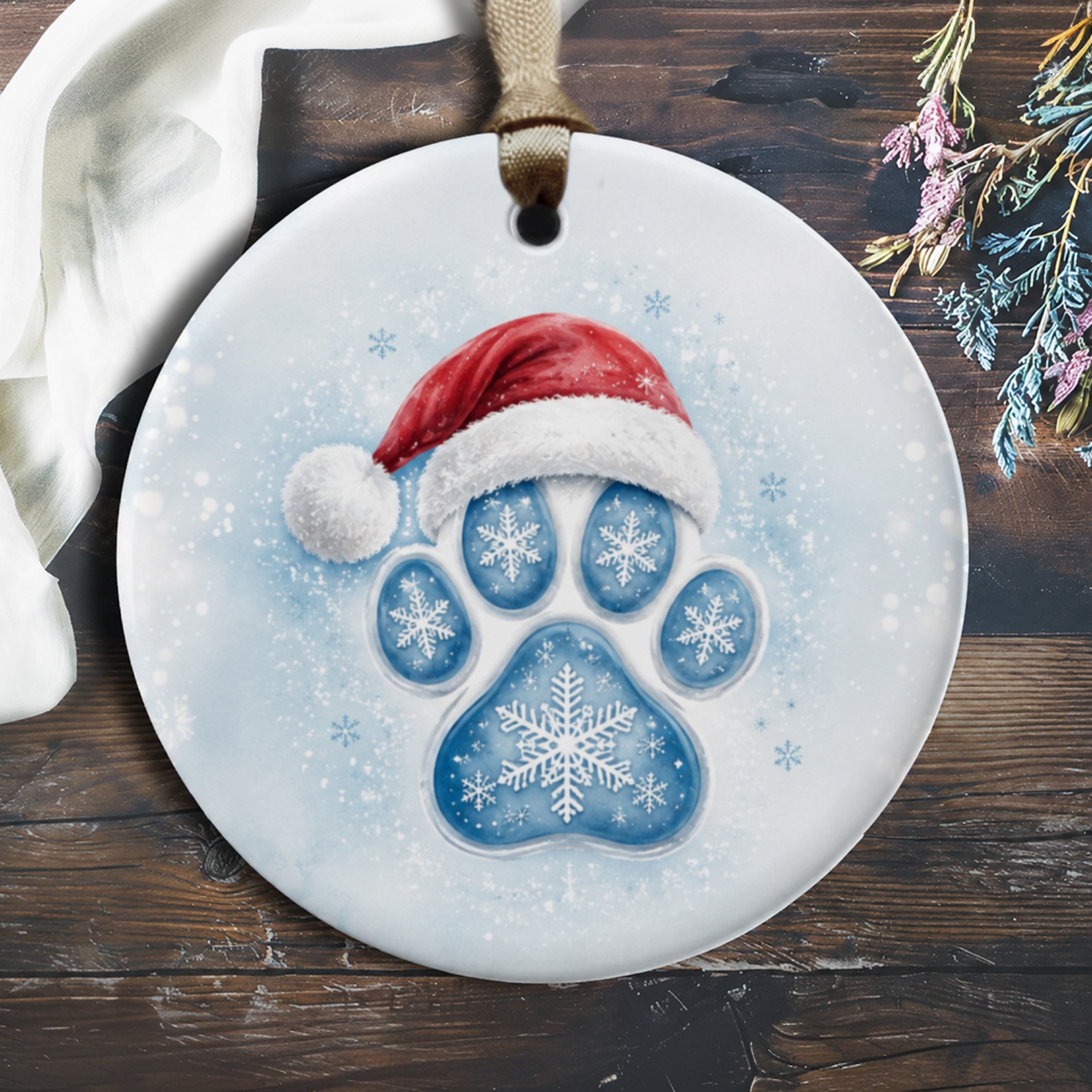 Paw Print Christmas Ornament Santa Hat Snowflakes Holiday Decor Pet Lover Gift Winter Festive Decoration Cute Animal Ornament O334