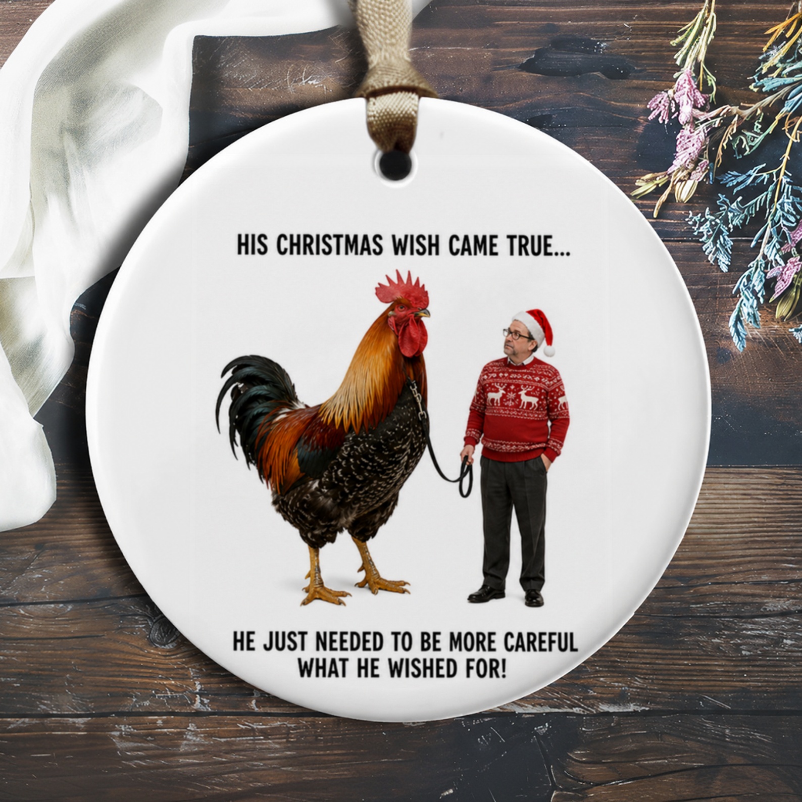 His Christmas Wish Came True Funny Christmas Ornament Man With Rooster Holiday Decor Gift For Him O318