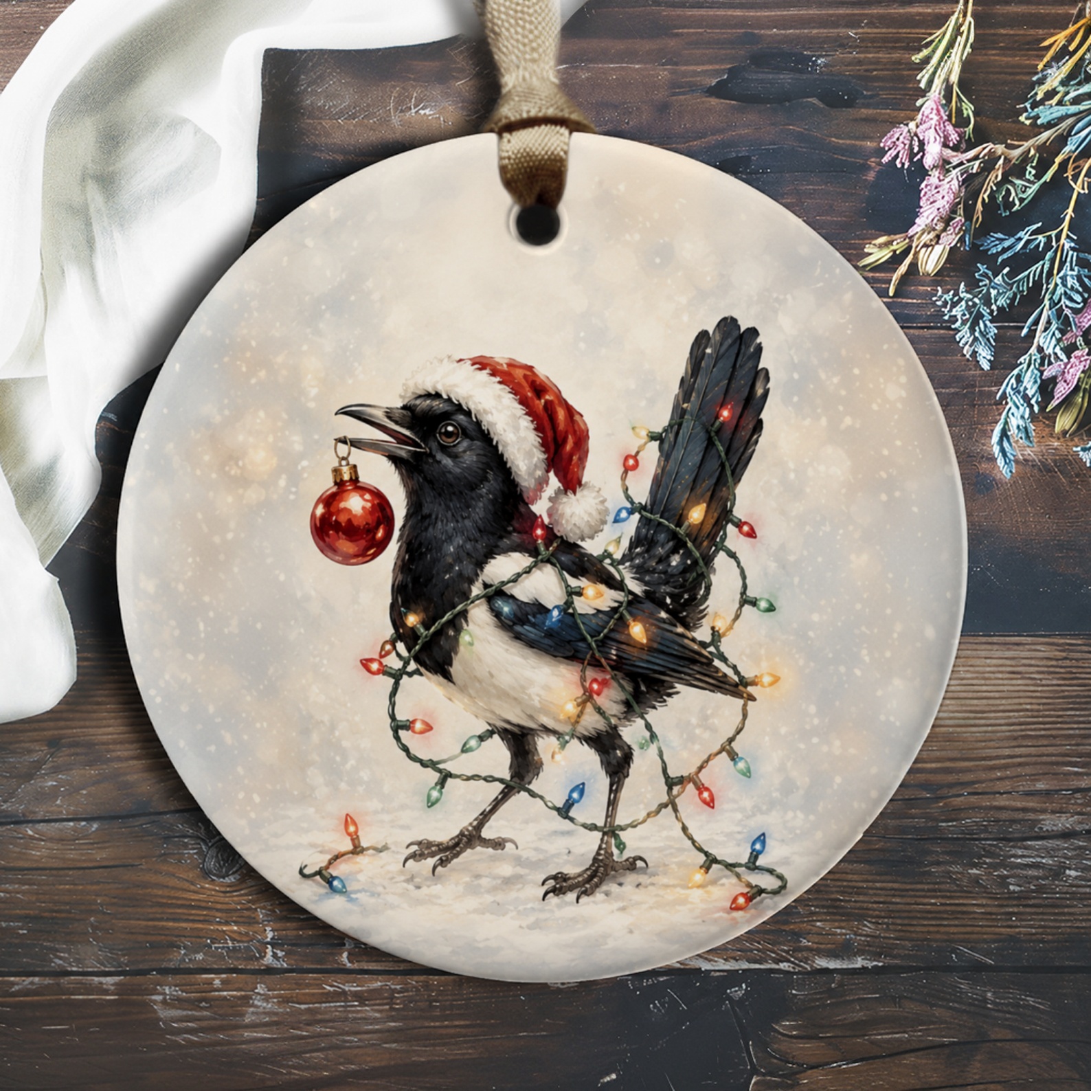 Magpie Christmas Ornament Santa Hat Festive Bird Holiday Decor Winter Decoration Cute Animal Lover Gift O344