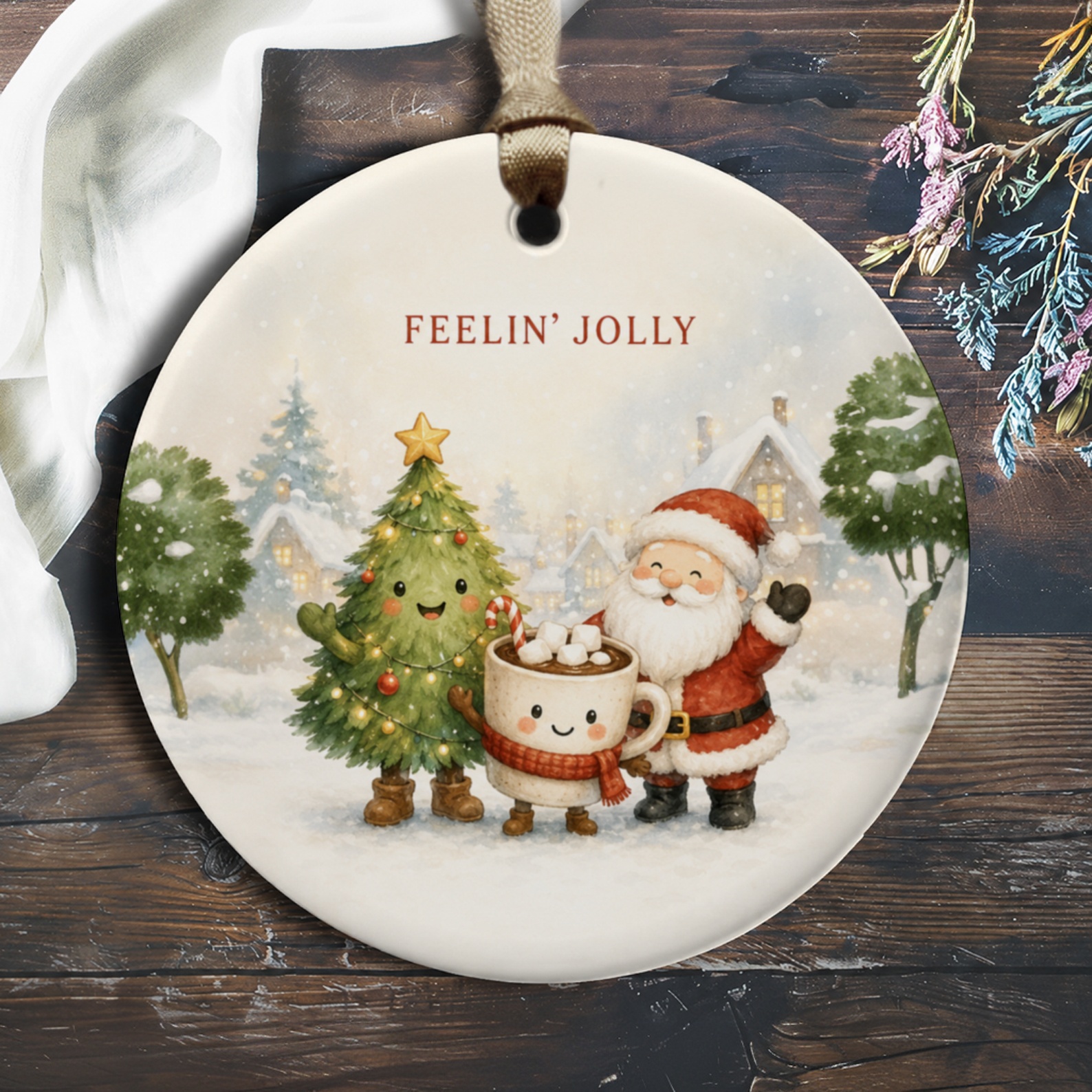 Feelin' Jolly Christmas Ornament Santa With Tree And Cocoa Cute Holiday Decor Festive Winter Decoration Gift O330