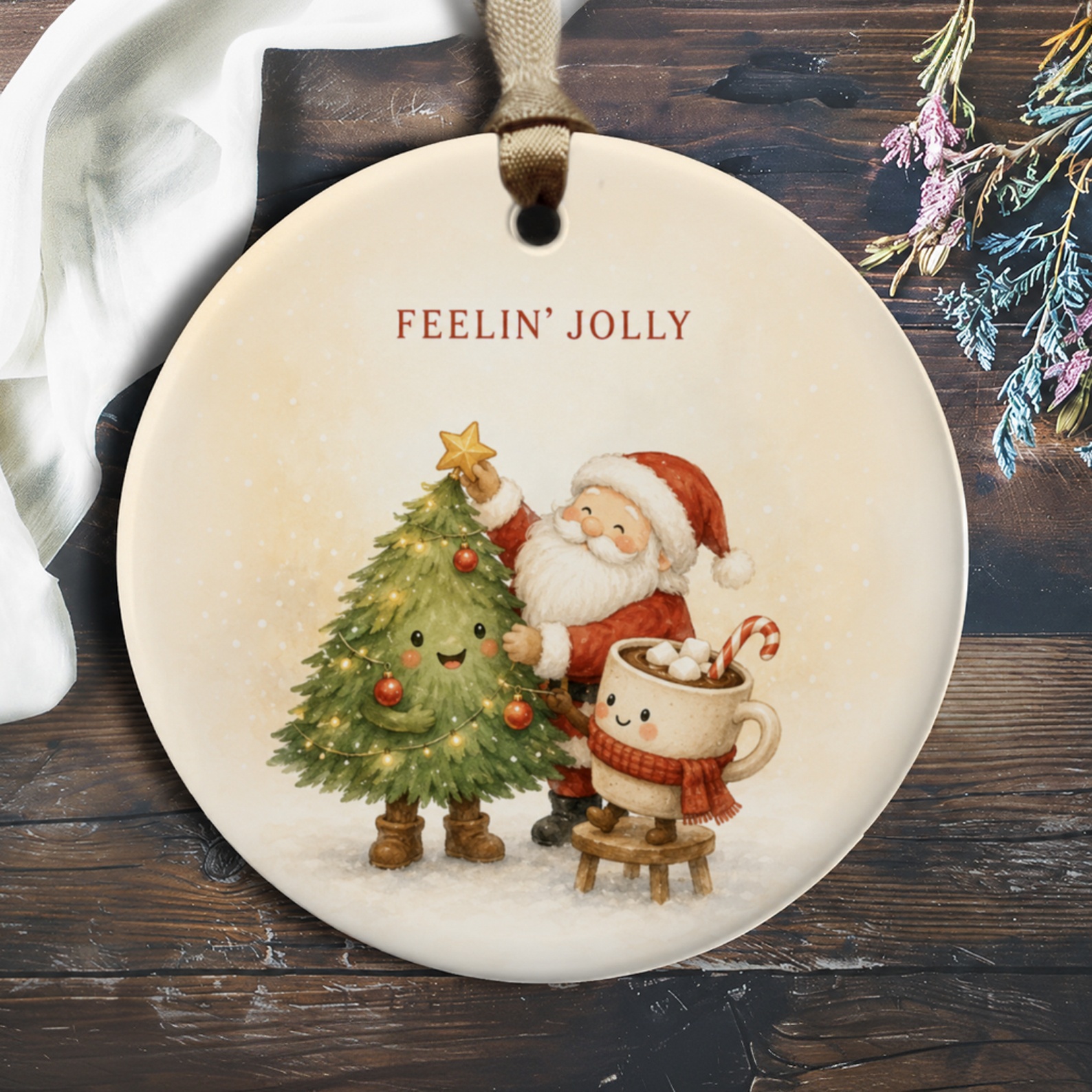 Feelin' Jolly Christmas Ornament Santa With Tree And Cocoa Cute Holiday Decor Festive Gift Idea For Christmas Tree O331