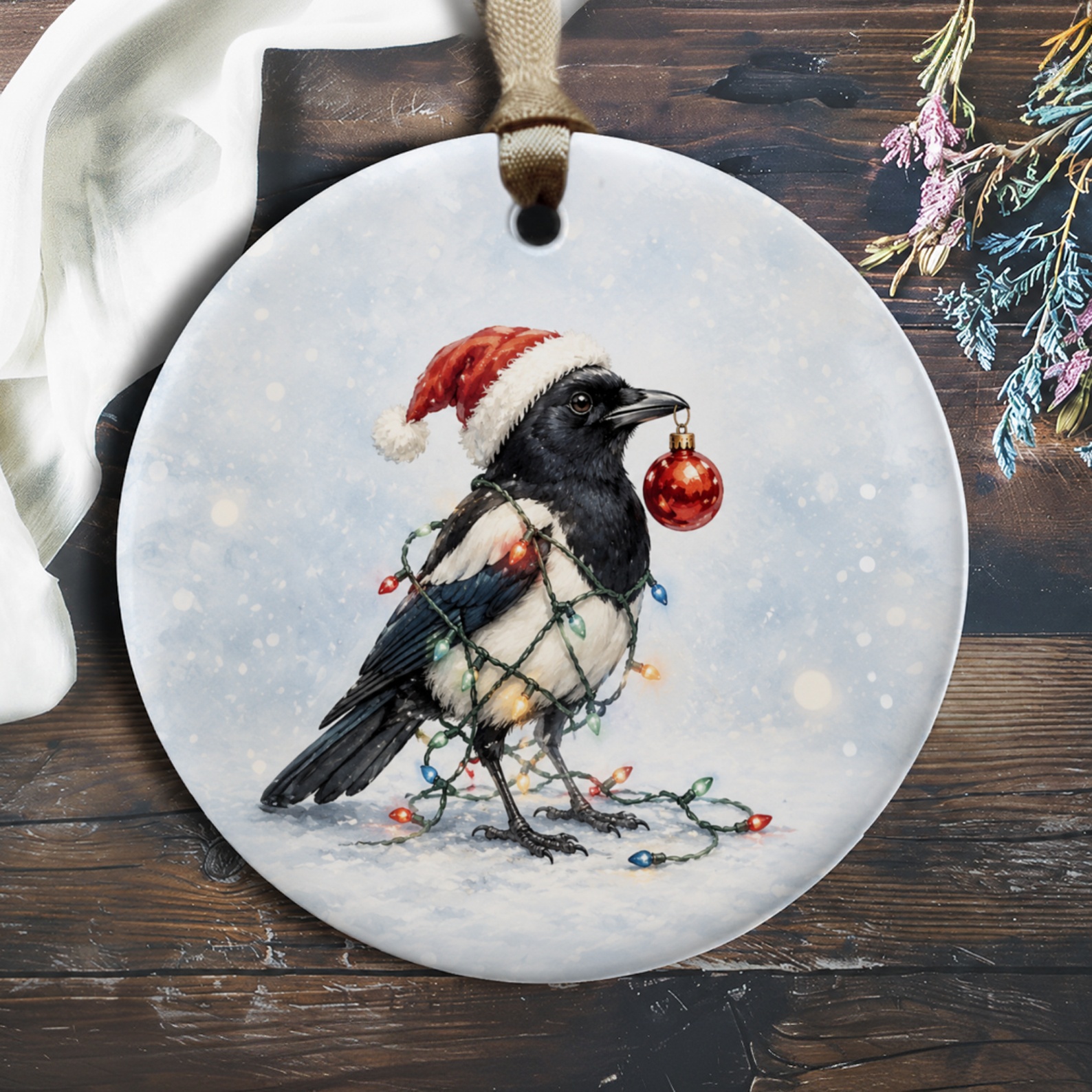 Magpie Christmas Ornament Santa Hat Bird Holiday Decor Cute Animal Winter Decoration Gift For Bird Lover O342
