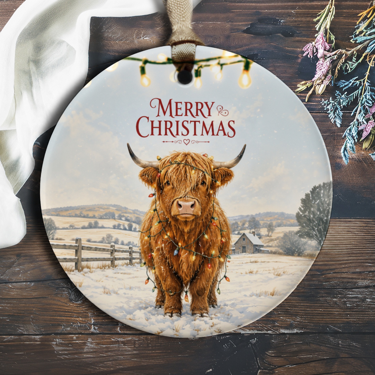 Merry Christmas Ornament Highland Cow With Lights Rustic Farmhouse Holiday Decor Winter Scene Christmas Ornament O350