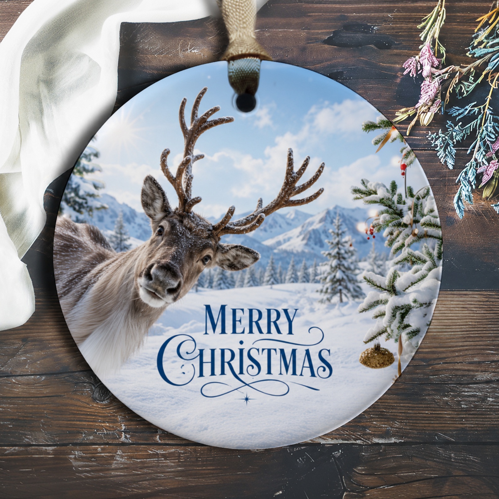 Merry Christmas Ornament Reindeer Winter Scene Holiday Decor Snowy Landscape Christmas Tree Decoration Gift O356