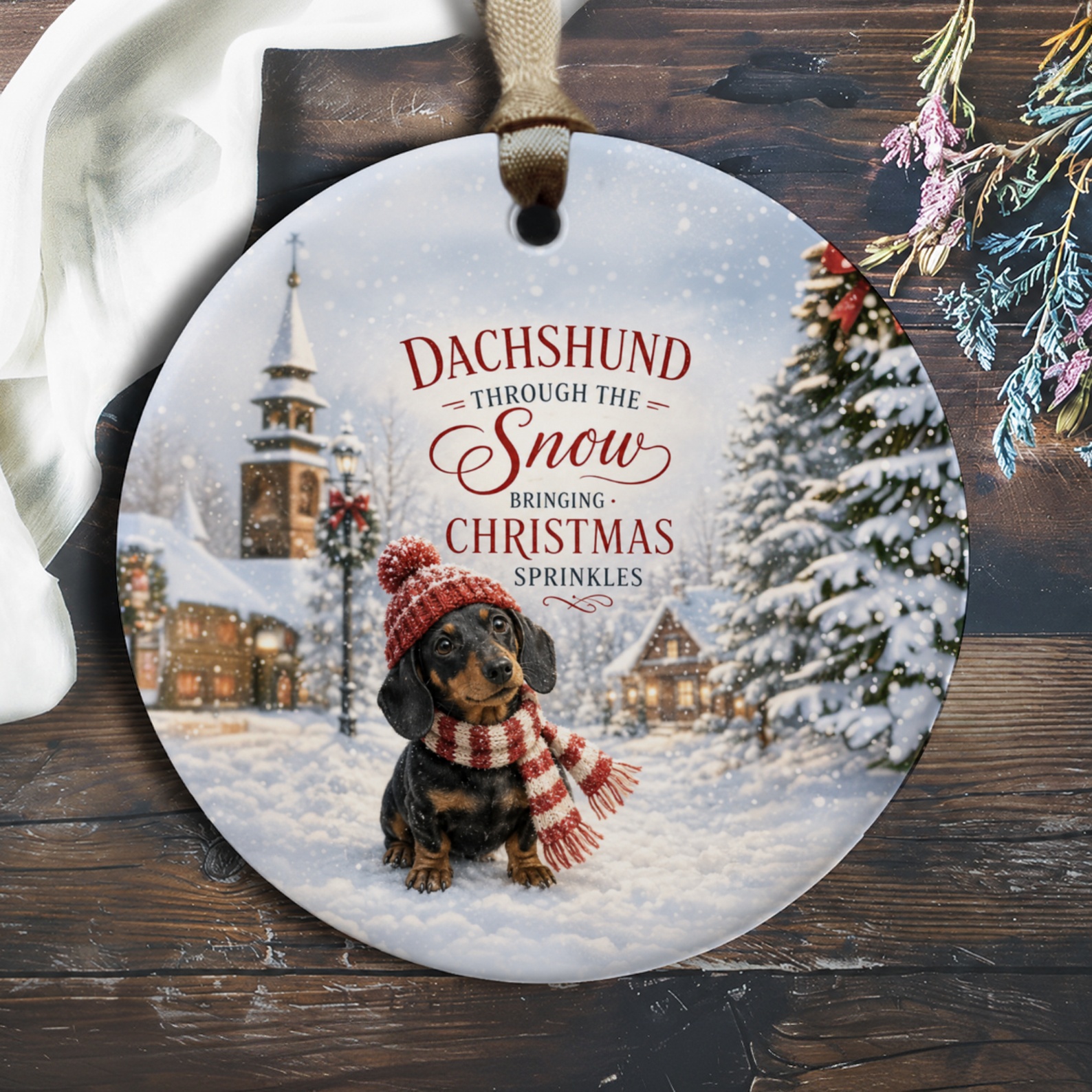 Dachshund Through The Snow Bringing Christmas Sprinkles Ornament Cute Dog Holiday Decor Winter Scene Gift O358