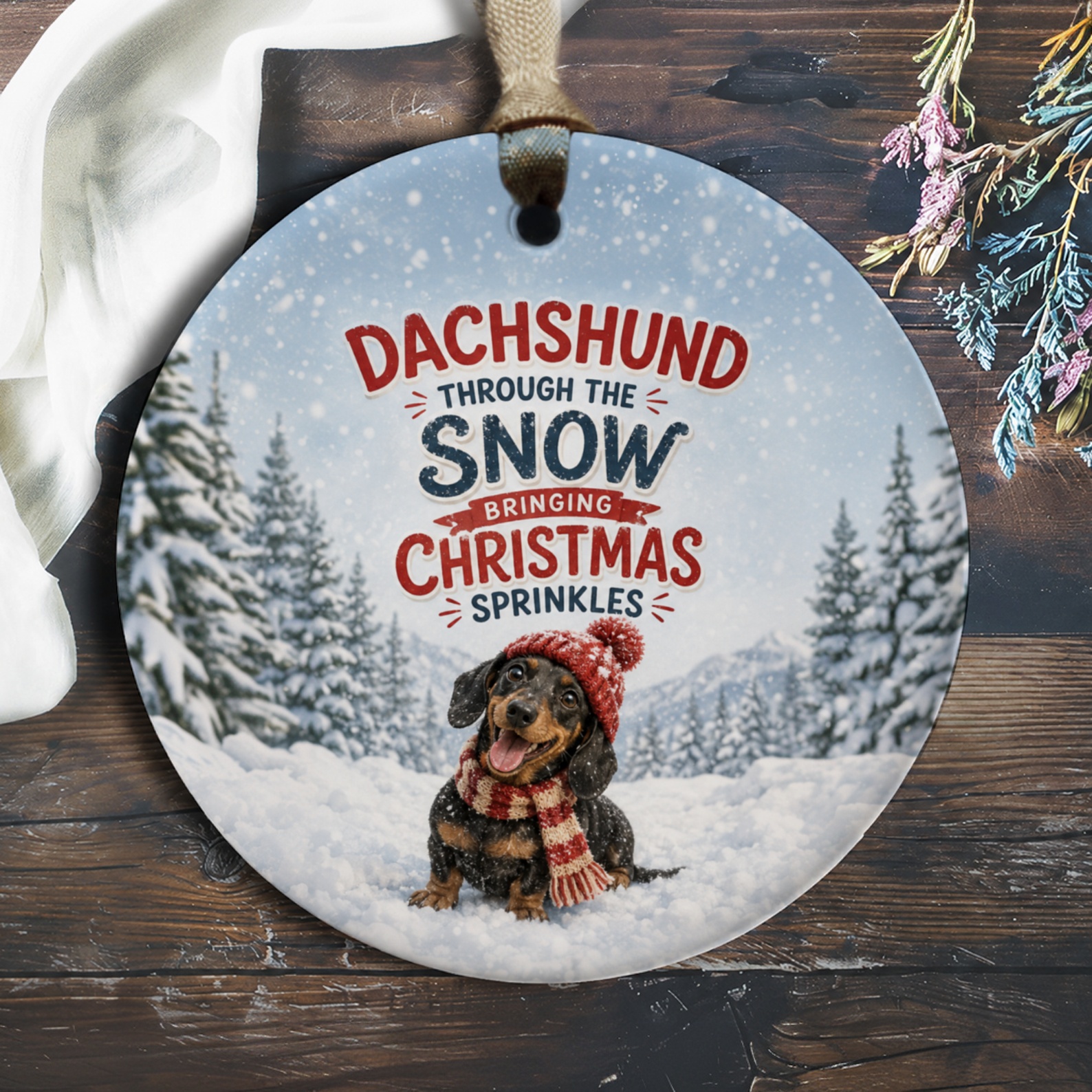Dachshund Through The Snow Bringing Christmas Sprinkles Ornament Cute Dog Christmas Decor Winter Holiday Gift For Dog Lovers O359
