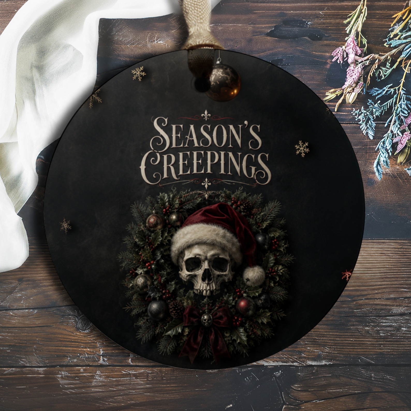 Season's Creepings Gothic Christmas Ornament Skull Wreath Dark Holiday Decor Spooky Festive Ornament Unique Xmas Decoration O362