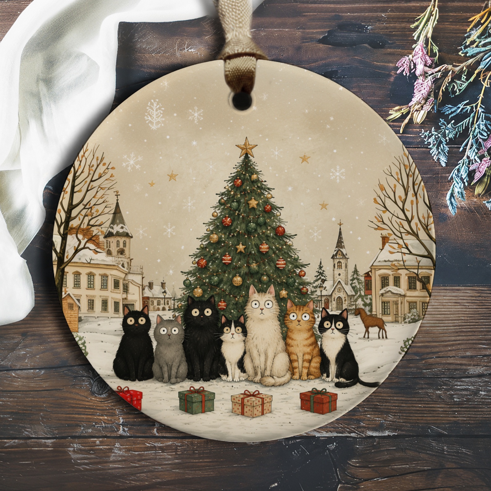 Cats And Christmas Tree Ornament Festive Holiday Decor Cute Cat Lover Gift Winter Scene Christmas Ornament O369