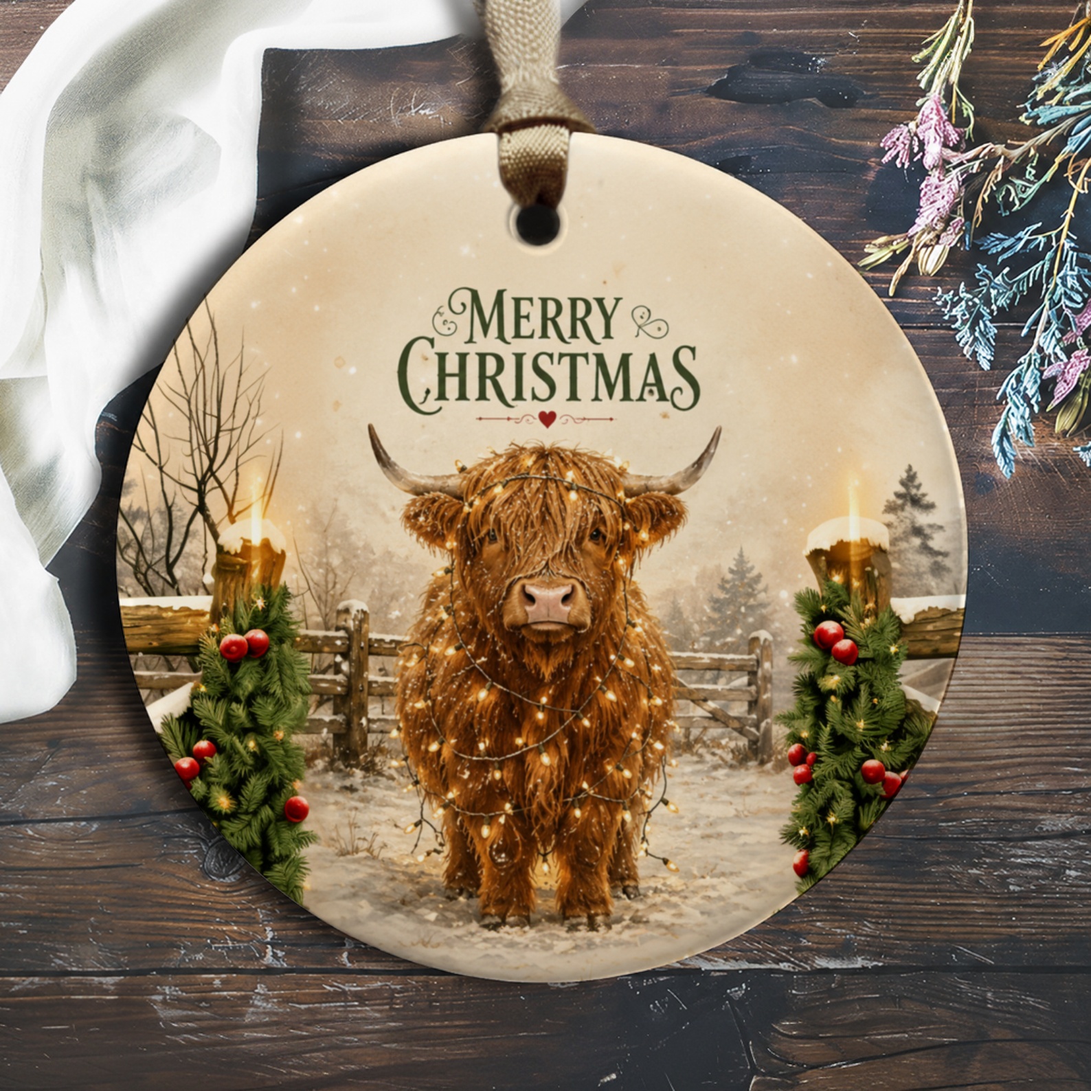 Merry Christmas Ornament Highland Cow With Lights Rustic Holiday Decor Farmhouse Christmas Tree Decoration O351