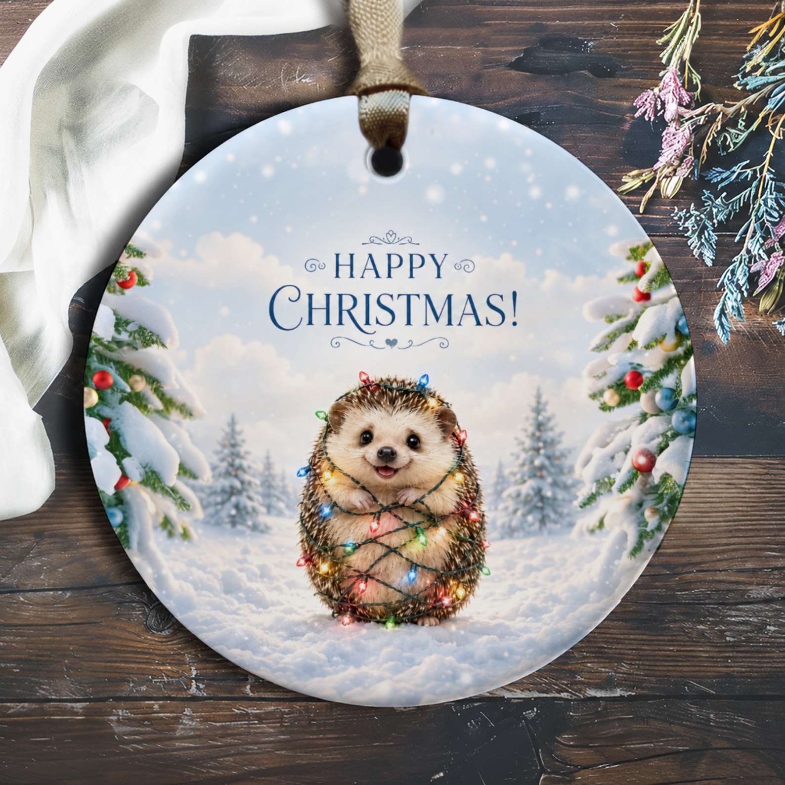 Happy Christmas! Cute Hedgehog Ornament Christmas Tree Decoration Animal Lover Holiday Decor Adorable Winter Scene O354