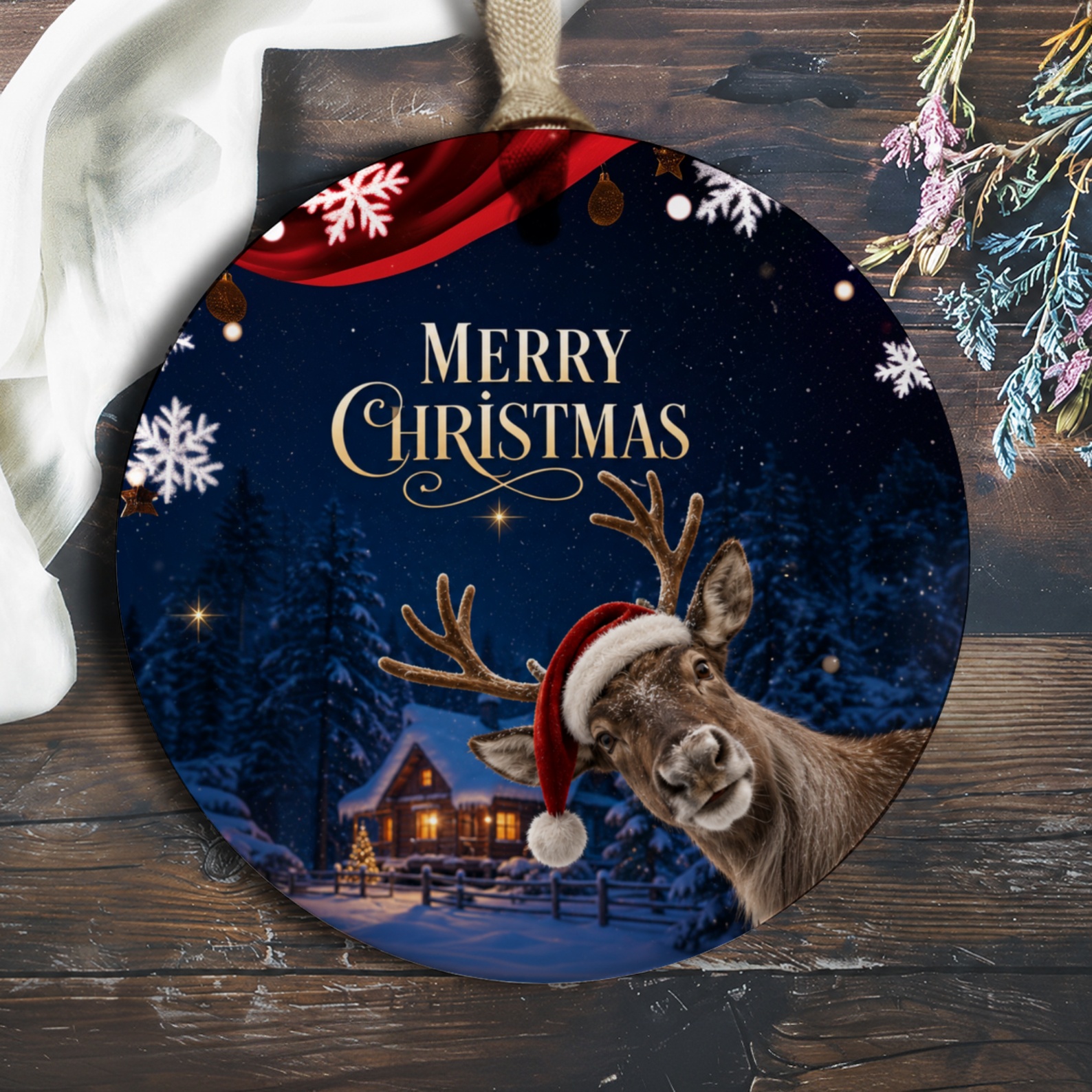 Merry Christmas Ornament Reindeer With Santa Hat Holiday Decor Winter Wonderland Scene Festive Tree Decoration O357