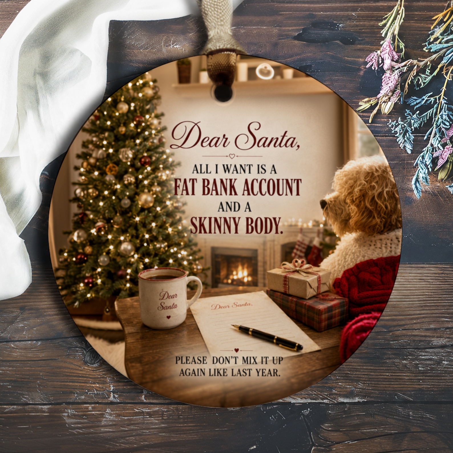 Dear Santa Fat Bank Account Skinny Body Funny Christmas Ornament Dog Holiday Decor Gift O360