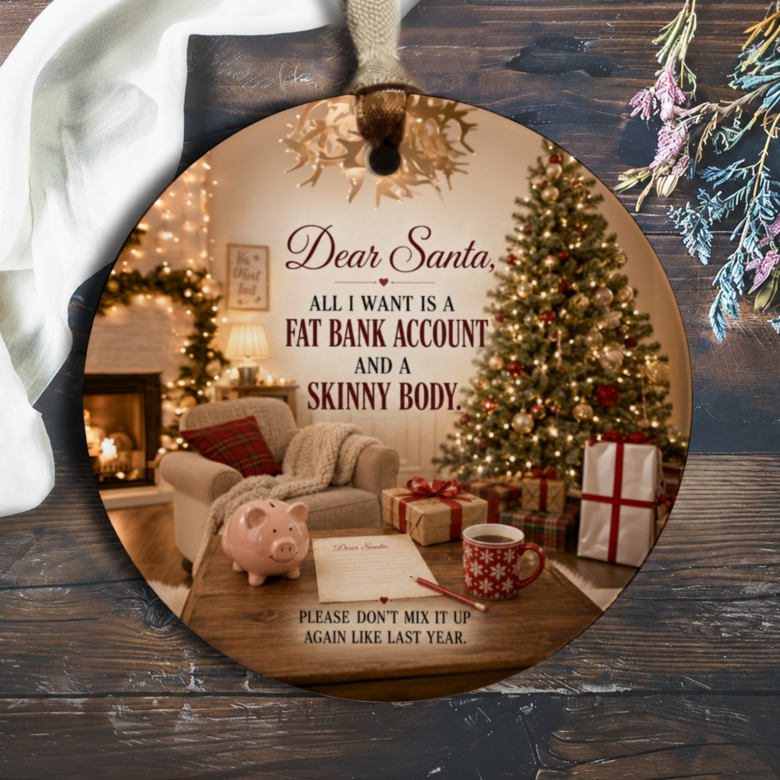 Dear Santa Funny Christmas Ornament Fat Bank Account Skinny Body Holiday Decor Gift Xmas Tree Decoration O361