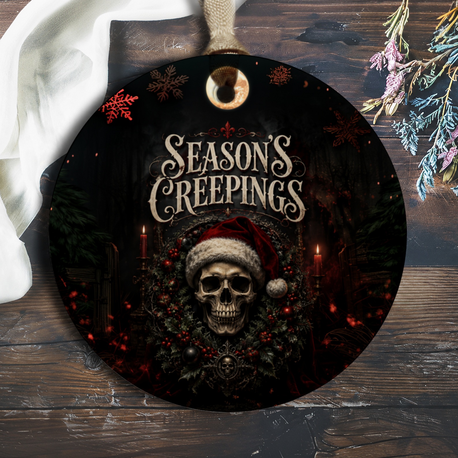 Season's Creepings Gothic Christmas Ornament Skull Santa Hat Holiday Decor Creepy Festive Wreath Dark Christmas Decoration O363