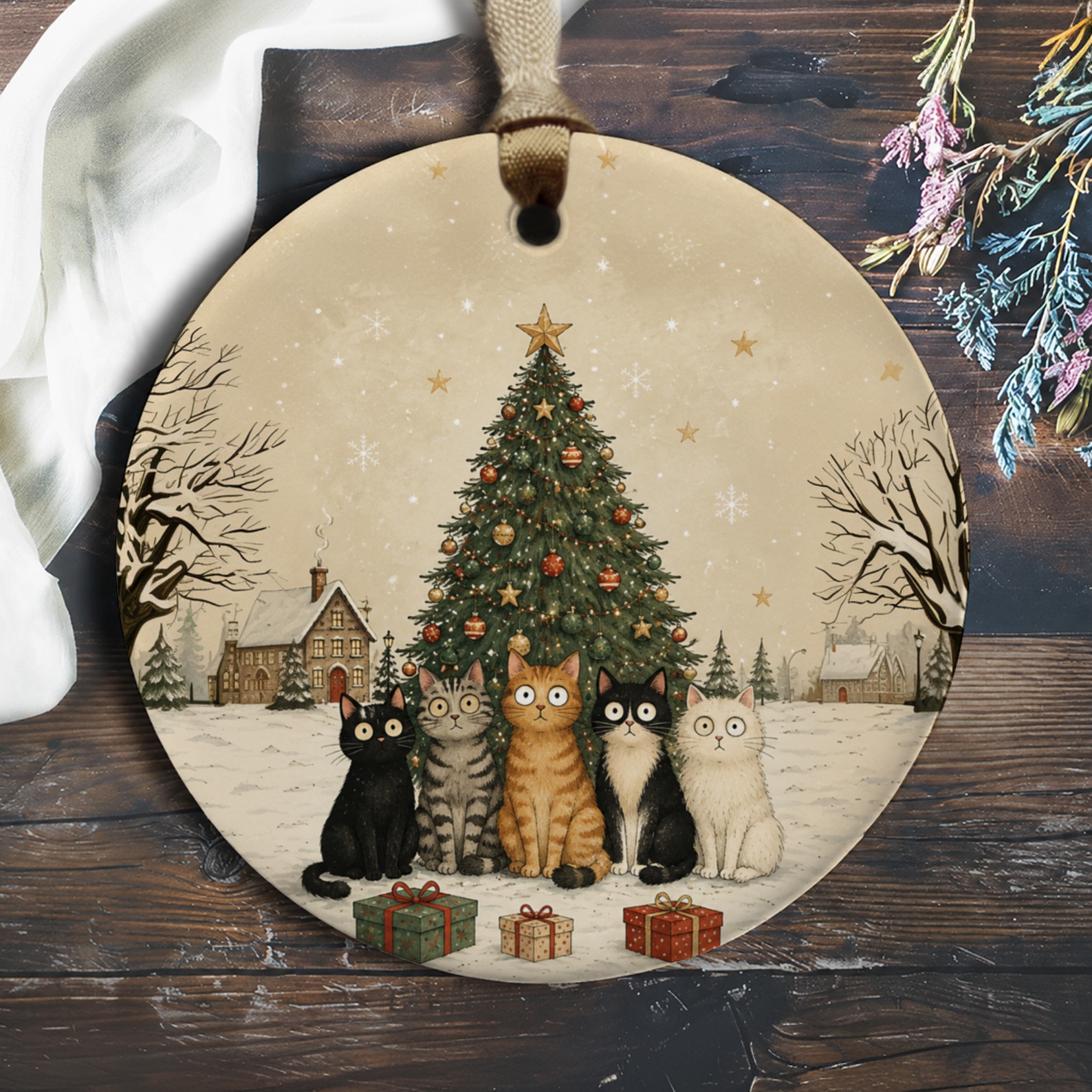Cats And Christmas Tree Ornament Cute Holiday Decor Cat Lover Gift Festive Winter Scene Christmas Ornament For Home O368