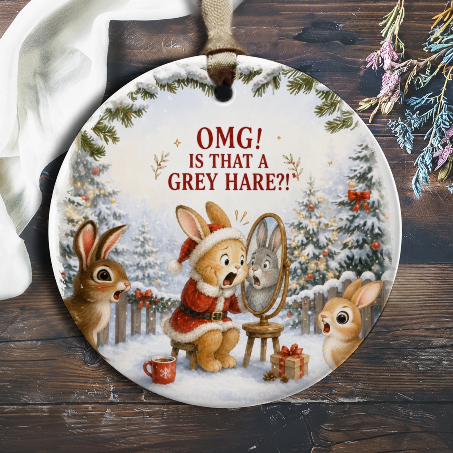 Omg! Is That A Grey Hare?! Funny Christmas Ornament Cute Bunny Winter Scene Holiday Decor Gift For Animal Lovers O372