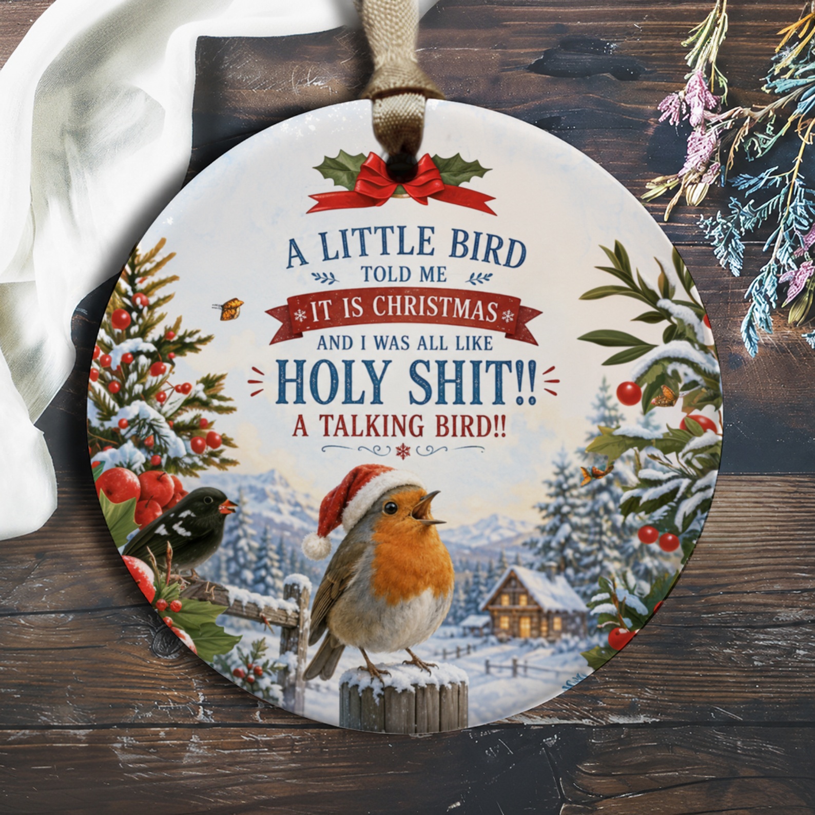 A Little Bird Told Me It Is Christmas Funny Christmas Ornament Talking Bird Holiday Decor Cute Winter Scene O374