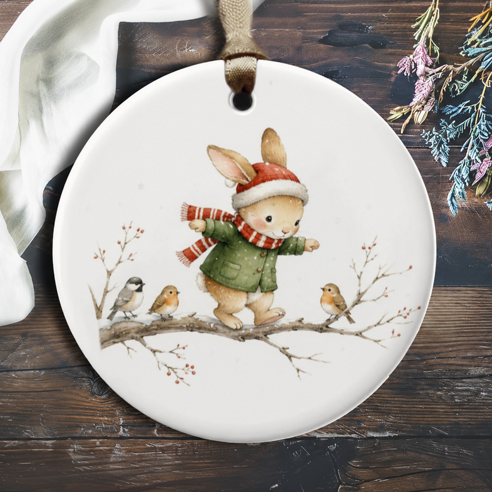 Cute Bunny Christmas Ornament Winter Animal Decor Woodland Holiday Decoration For Kids Adorable Rabbit With Birds O379