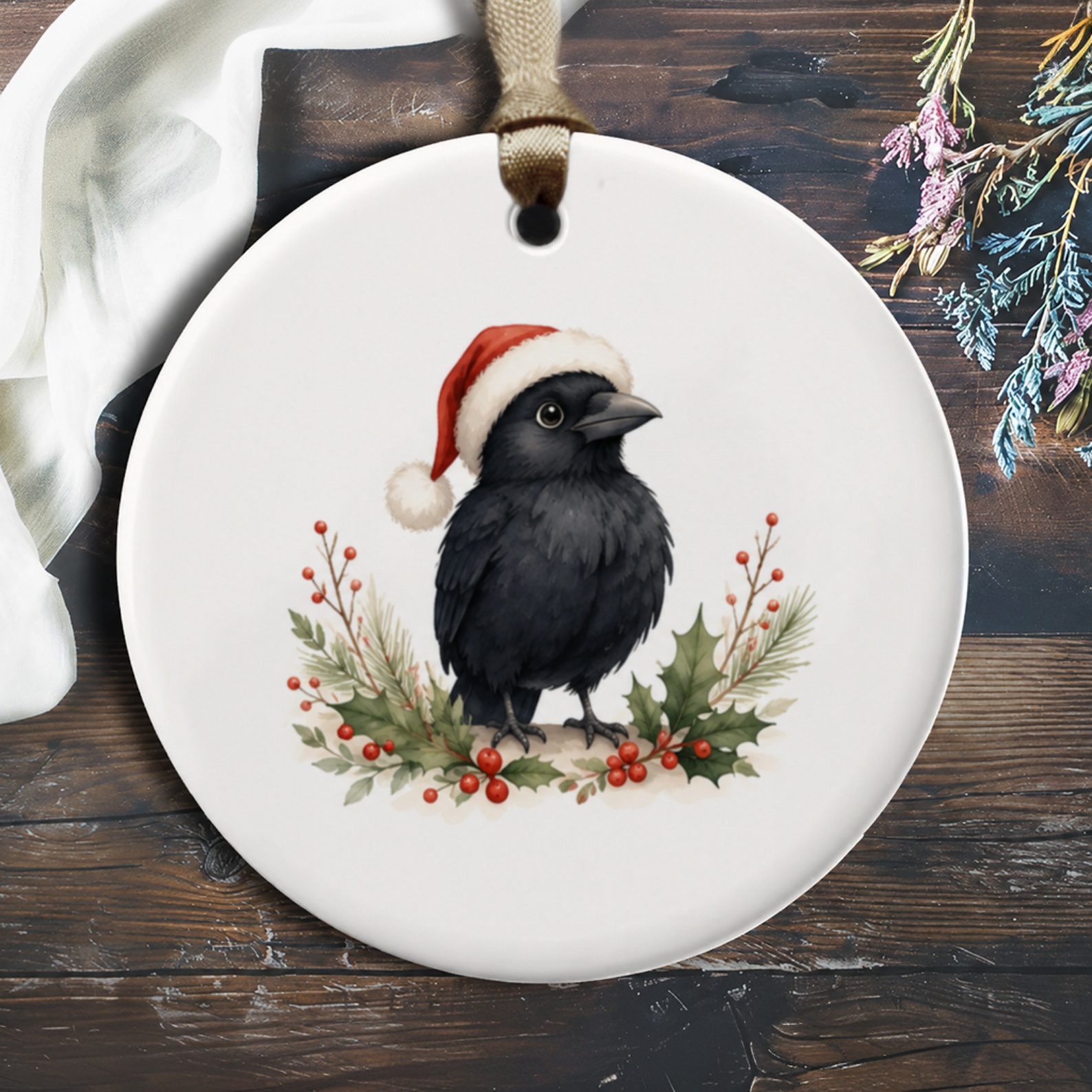 Crow With Santa Hat Christmas Ornament Cute Holiday Decor Winter Bird Lover Gift Festive Home Decoration O385