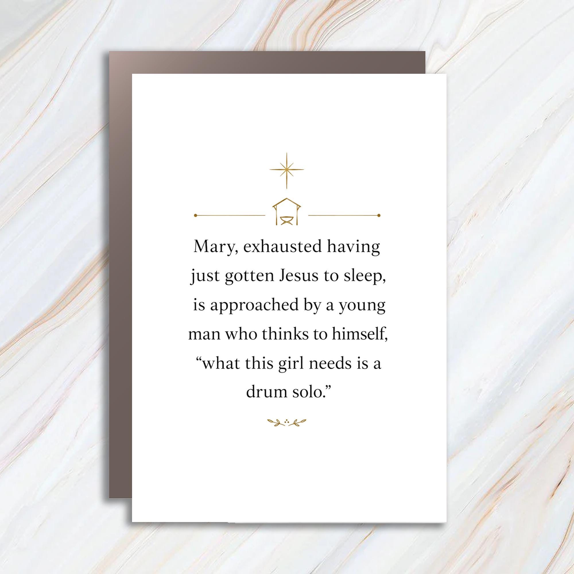 Mary, Exhausted Having Just Gotten Jesus To Sleep, Is Approached By A Young Man Christmas Card Funny Holiday For Everyone C961