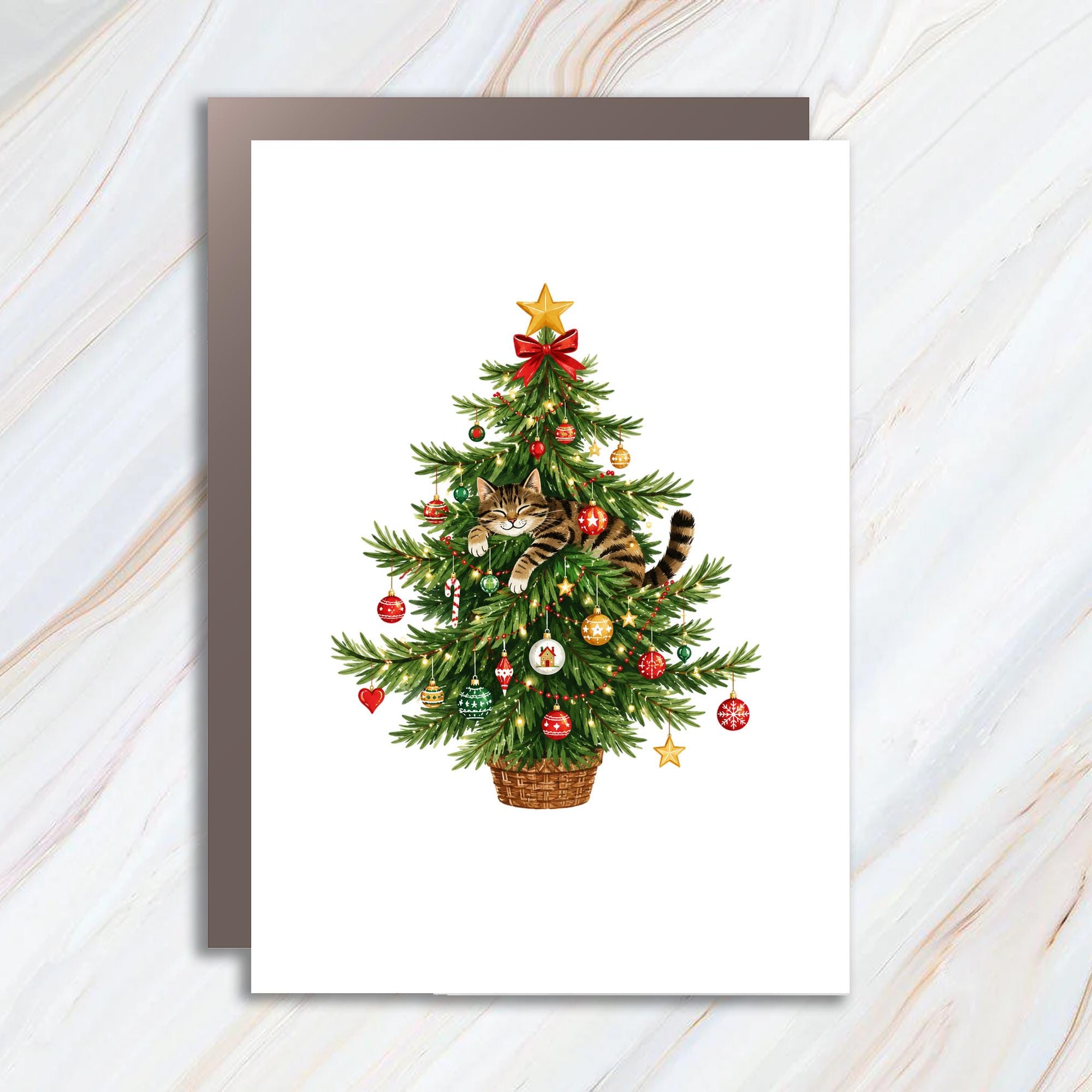 Funny Cat Christmas Card Cute Holiday Greeting Card For Cat Lovers Festive Tree Adorable Animal Xmas Card C966