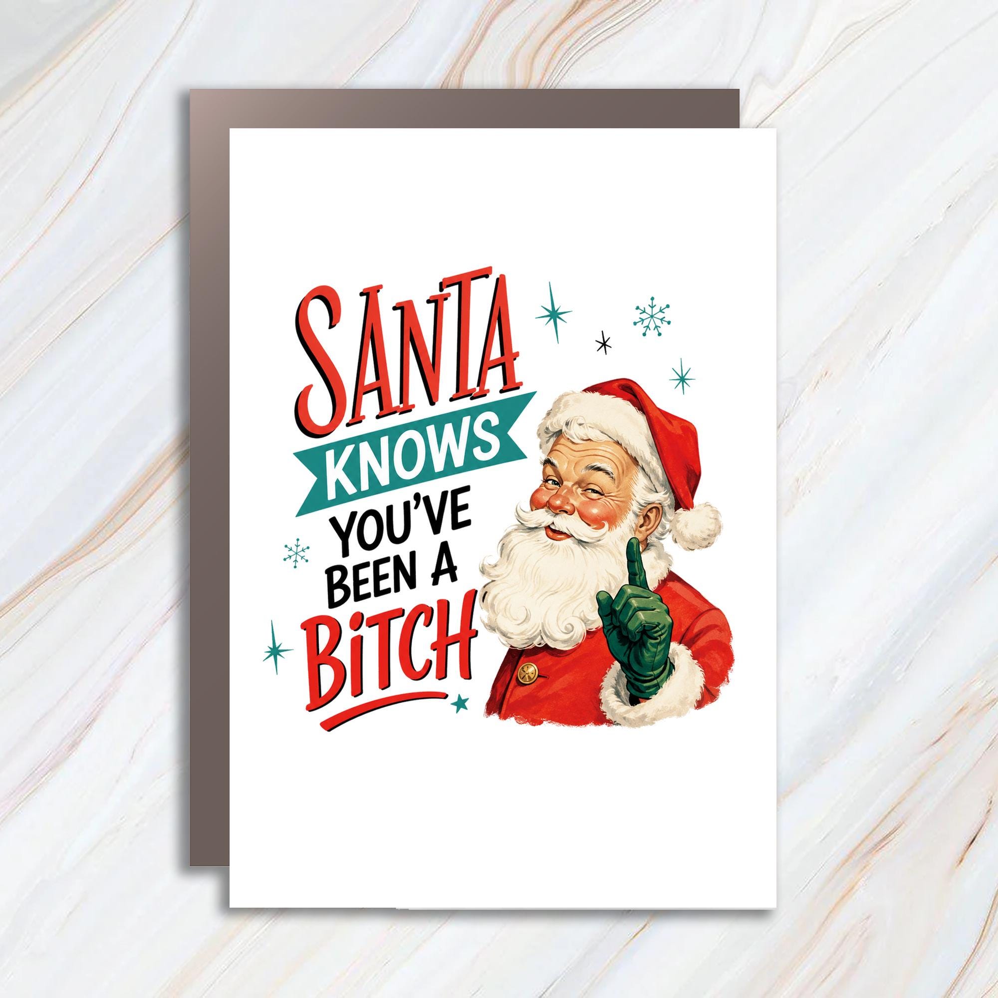 Santa Knows You've Been A Bitch Funny Christmas Card Rude Holiday Greeting Card Snarky Santa Xmas Card For Her C968