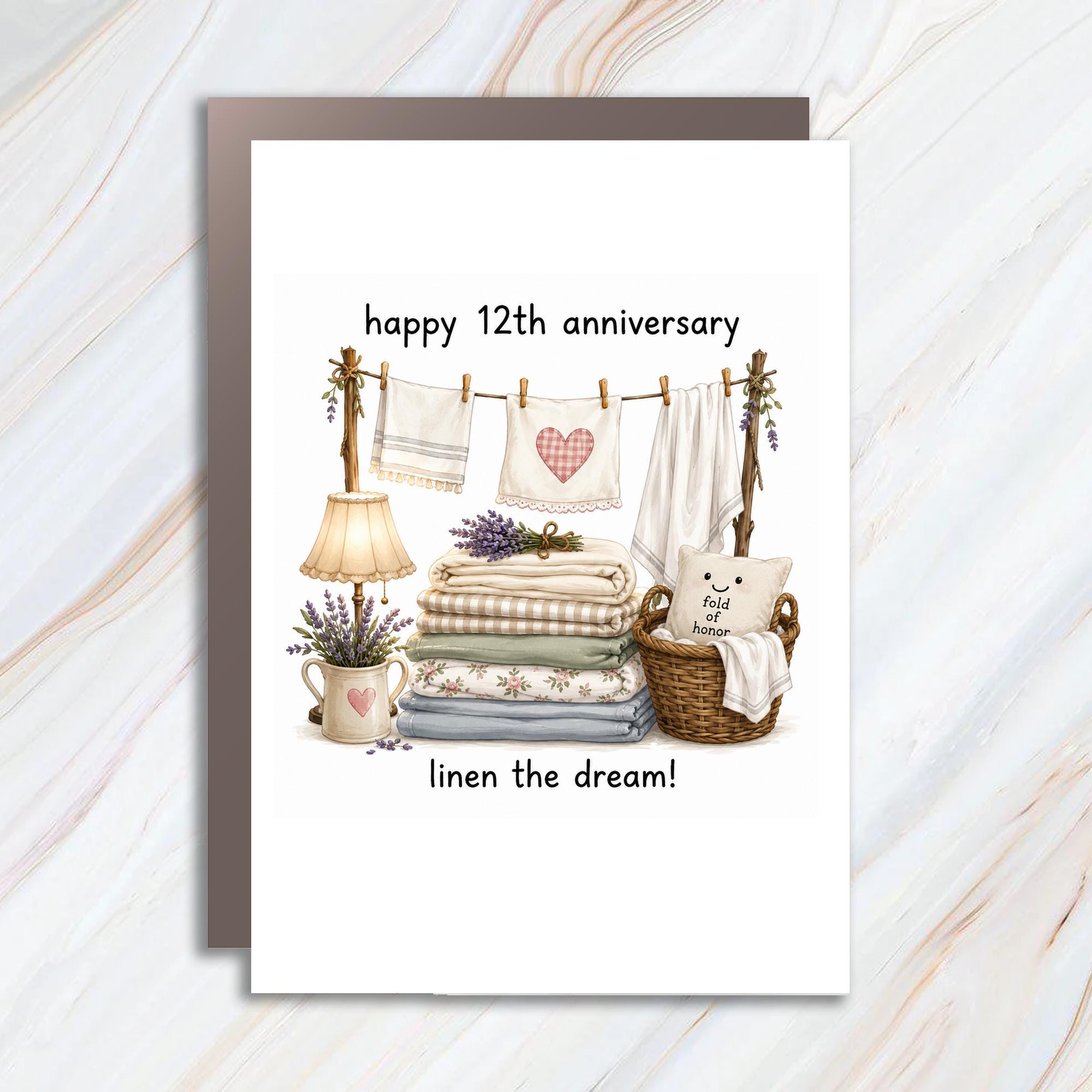 Happy 12th Anniversary Linen The Dream! Funny 12th Anniversary Card Linen Pun For Husband Wife Couple Cute Greeting Card C973