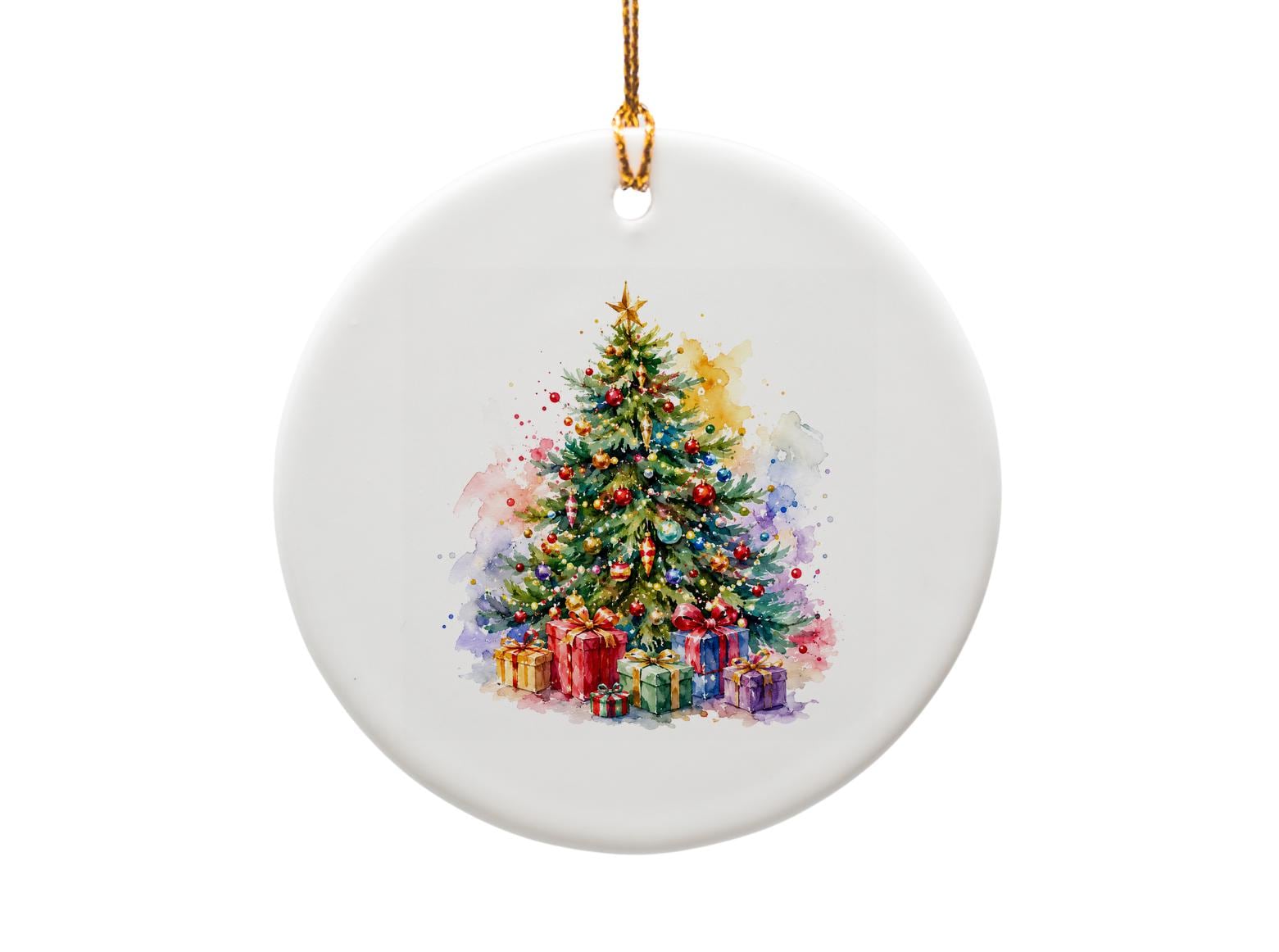 Watercolor Christmas Tree Ornament Festive Holiday Decor Gift Wrapped Presents Colorful Seasonal Decoration O979