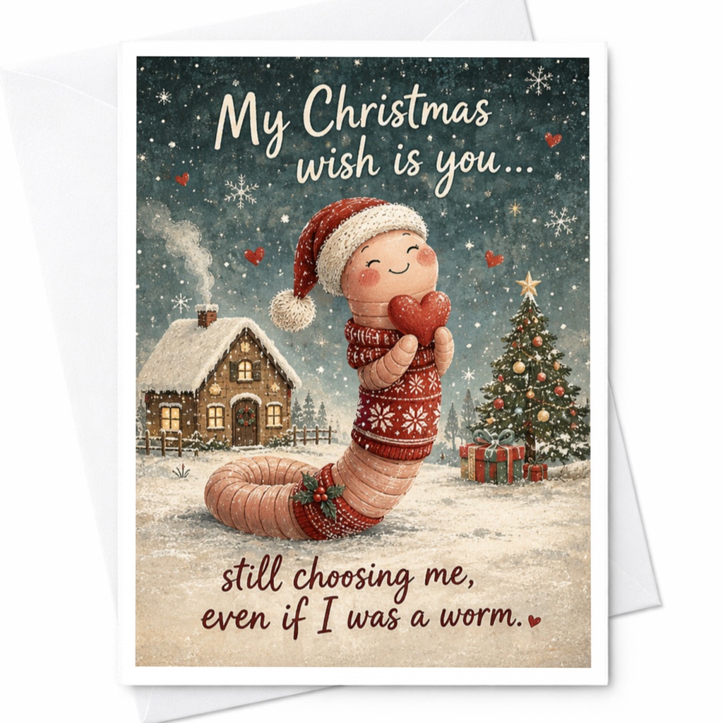 My Christmas Wish Is You Funny Christmas Card Cute Worm Santa Hat Holiday Greeting For Her Romantic Festive Card C4346