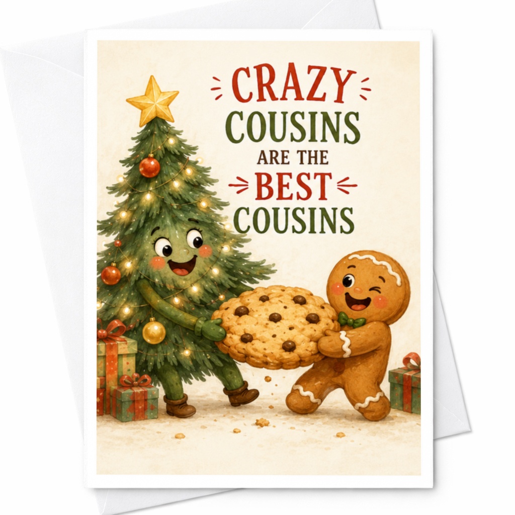 Crazy Cousins Are The Best Cousins Funny Christmas Card For Cousin Holiday Greeting Cute Tree Gingerbread Cookie C4355