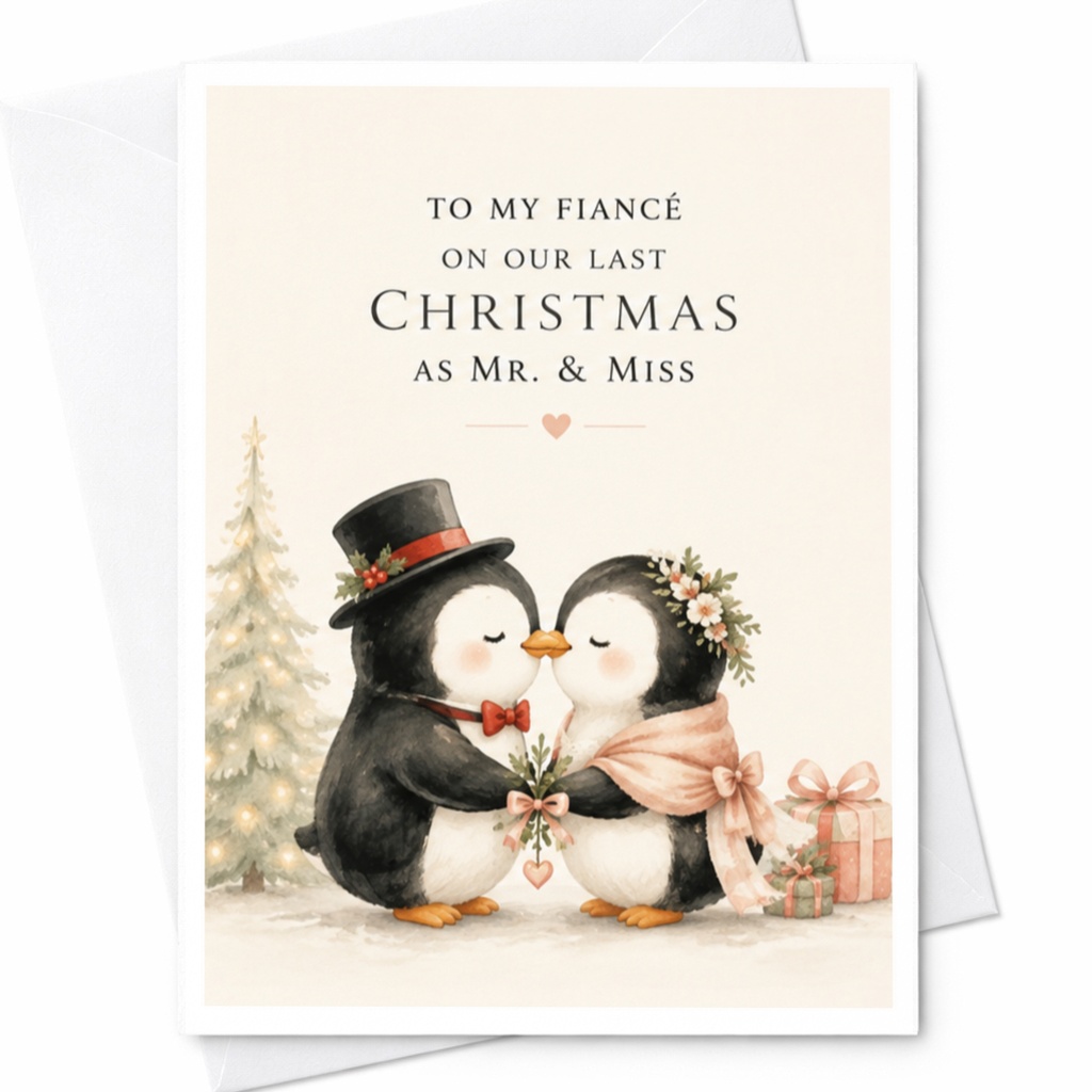 To My Fiancé On Our Last Christmas As Mr. & Miss Cute Christmas Card For Fiance Romantic Holiday Card Penguin Couple C4357