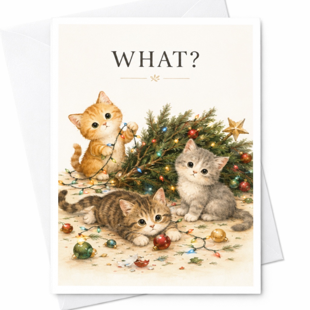 What? Funny Christmas Card Cute Kittens Holiday Greeting Card Cat Lover Xmas Card Adorable Cats With Tree Lights C4358