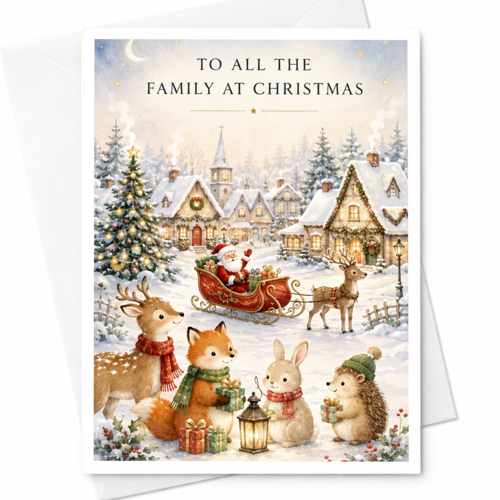 To All The Family At Christmas Santa Sleigh Christmas Card Cute Forest Animals Holiday Greeting Card For Family Festive Winter Sce C4360