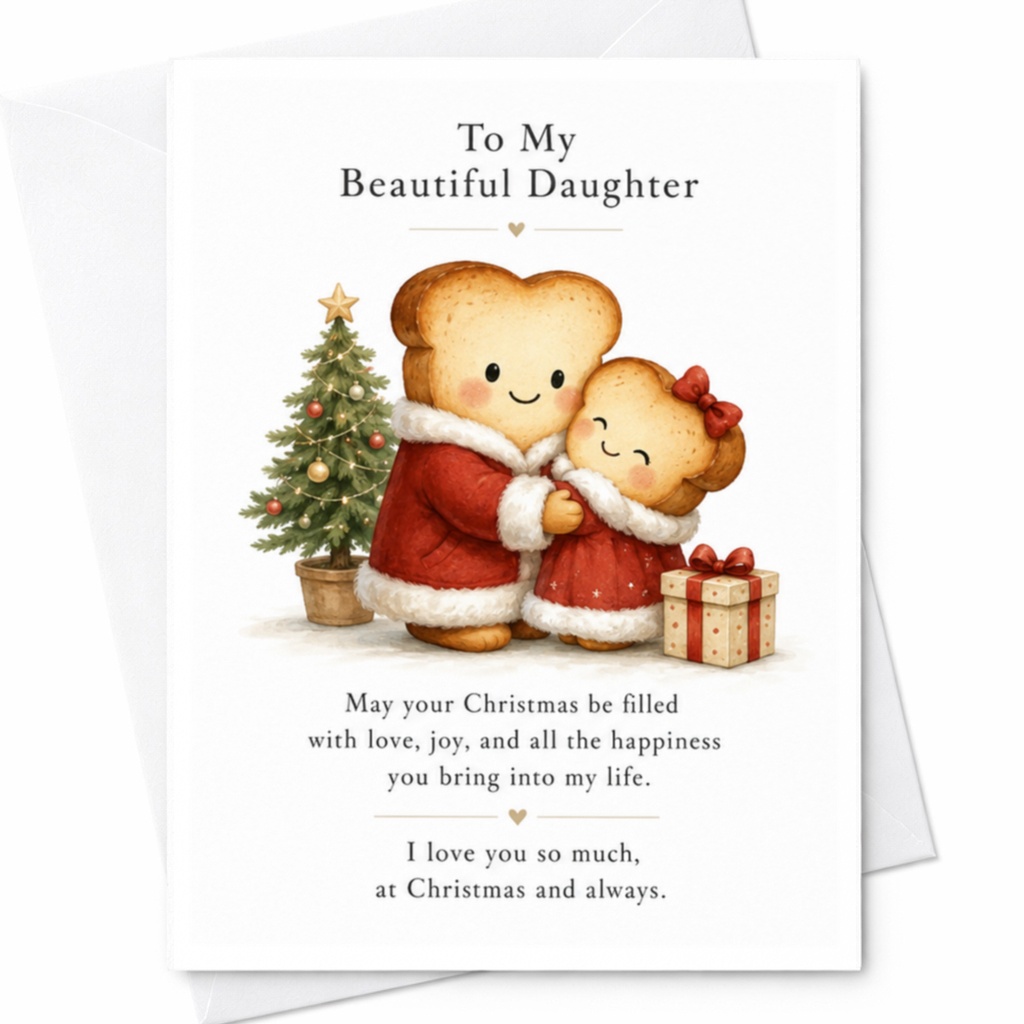 To My Beautiful Daughter Christmas Card Cute Bread Characters Holiday Greeting Card For Daughter Sweet Xmas Card C4364