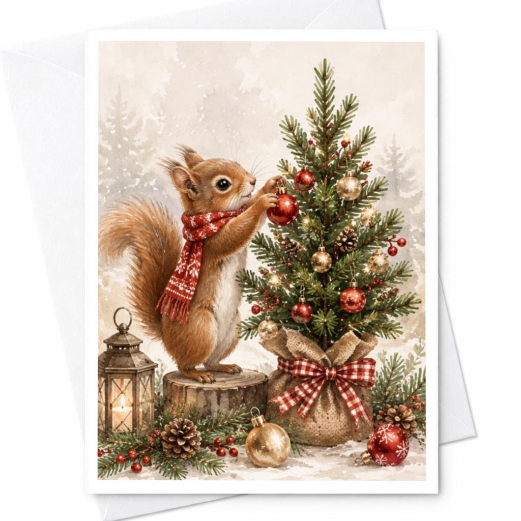 Squirrel Decorating Christmas Tree Card Cute Animal Holiday Greeting Card Woodland Winter Scene Christmas Card For Nature Lovers C4344
