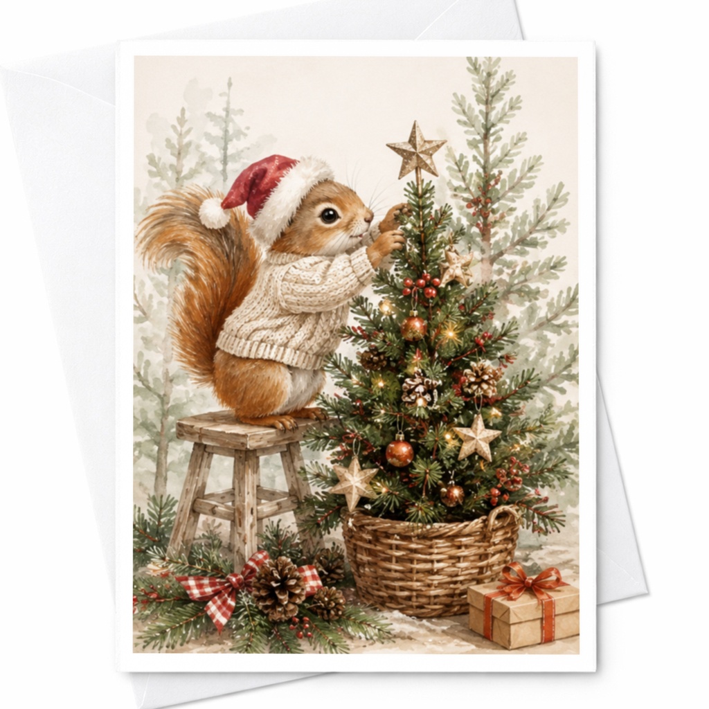 Squirrel Decorating Christmas Tree Card Cute Animal Holiday Greeting Card Woodland Christmas Card For Nature Lover C4345