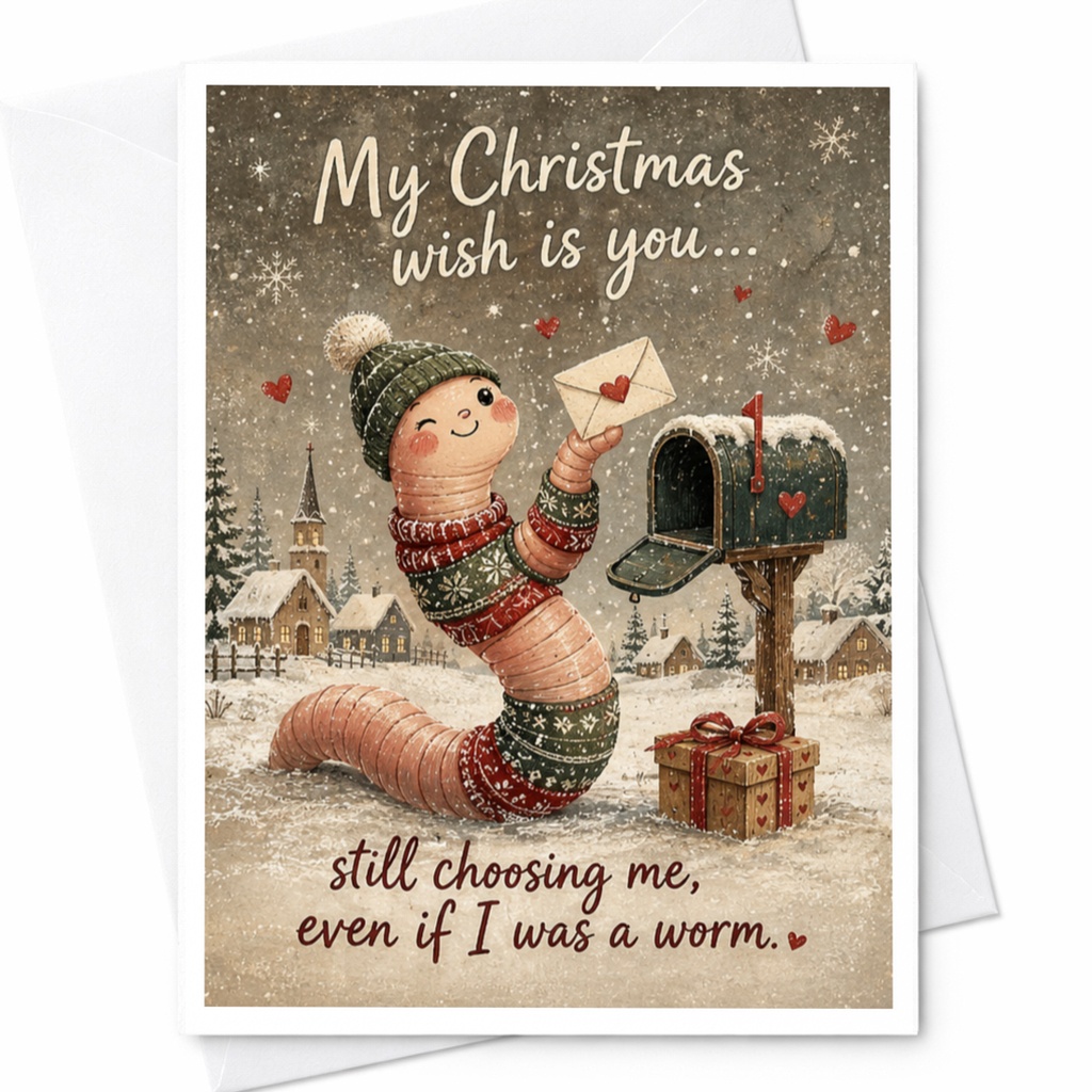 My Christmas Wish Is You Funny Christmas Card Cute Worm Holiday Greeting Card For Partner Romantic Winter Card C4347