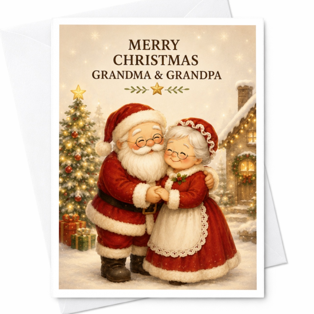 Merry Christmas Grandma & Grandpa Christmas Card Cute Santa And Mrs. Claus Holiday Greeting Card For Grandparents Festive Xmas Car C4348